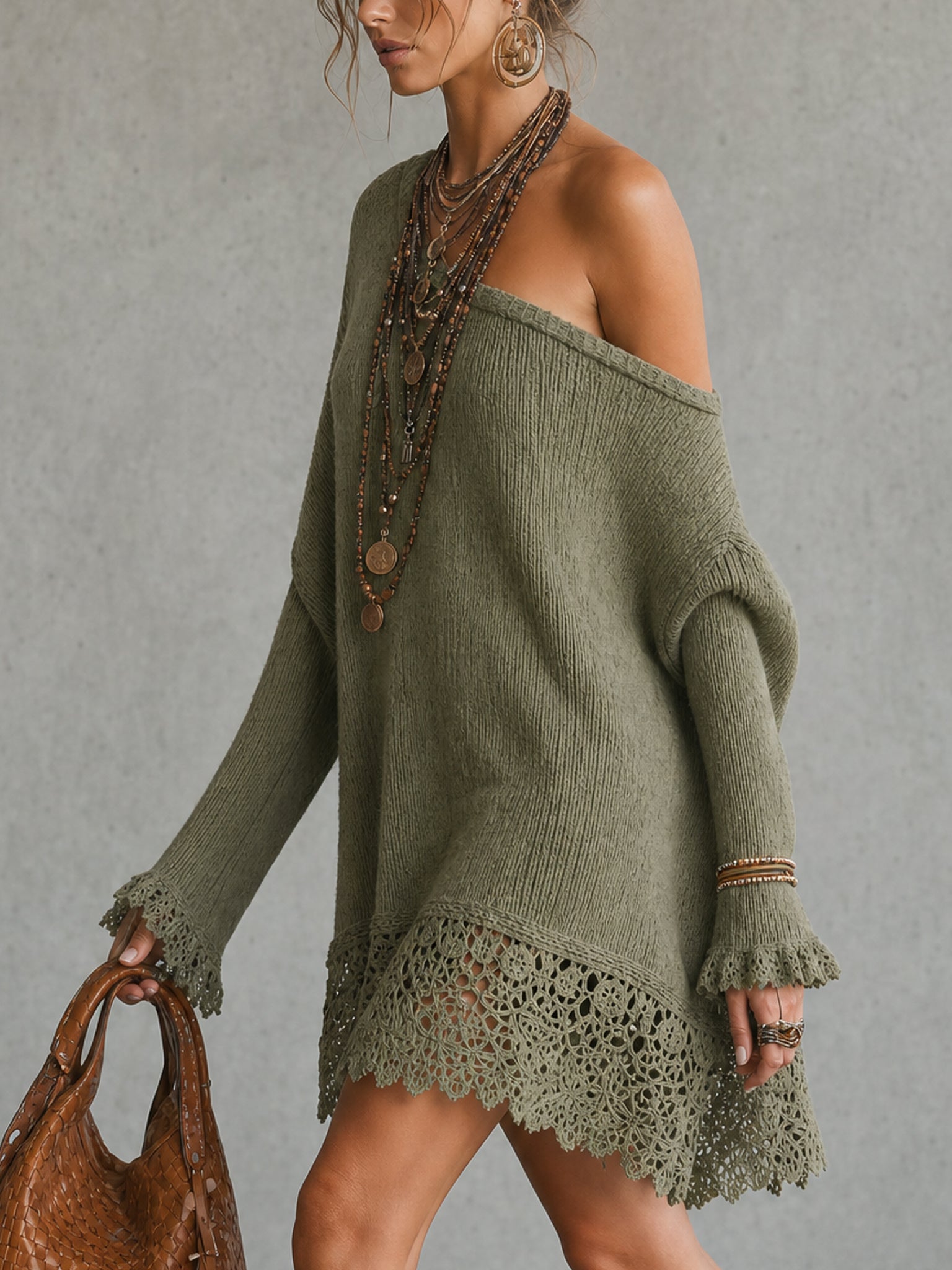 Green Off Shoulder Knit Lace Trim Mini Dress