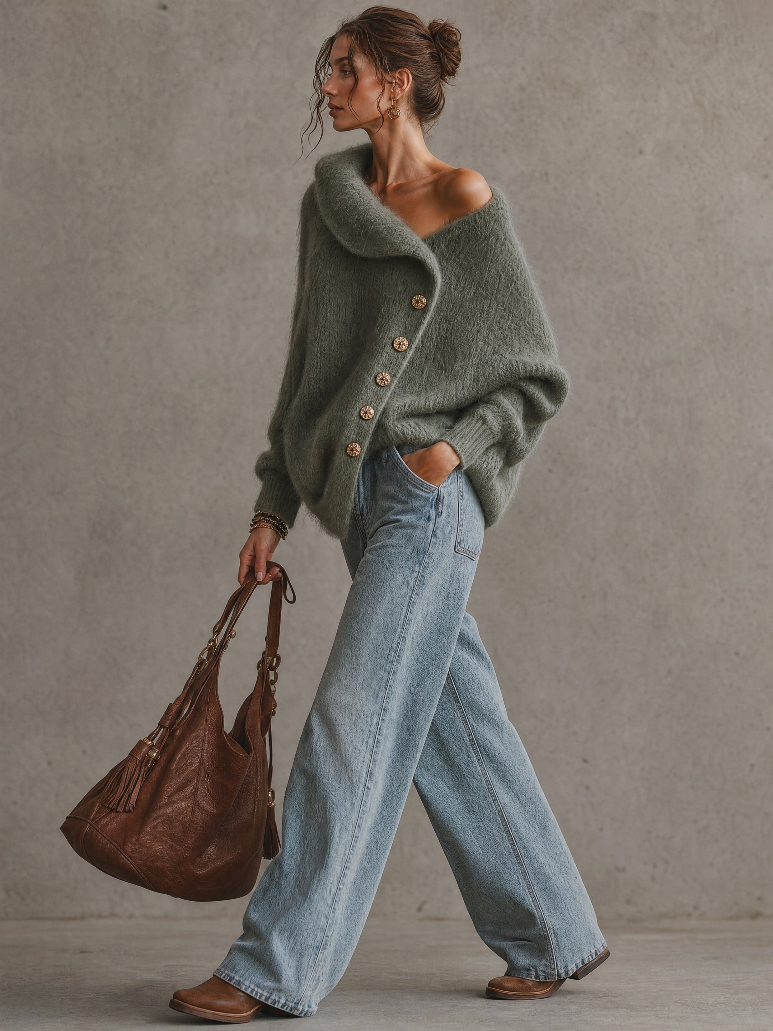 Olive Green Alpaca Blend Off Shoulder Loose Sweater