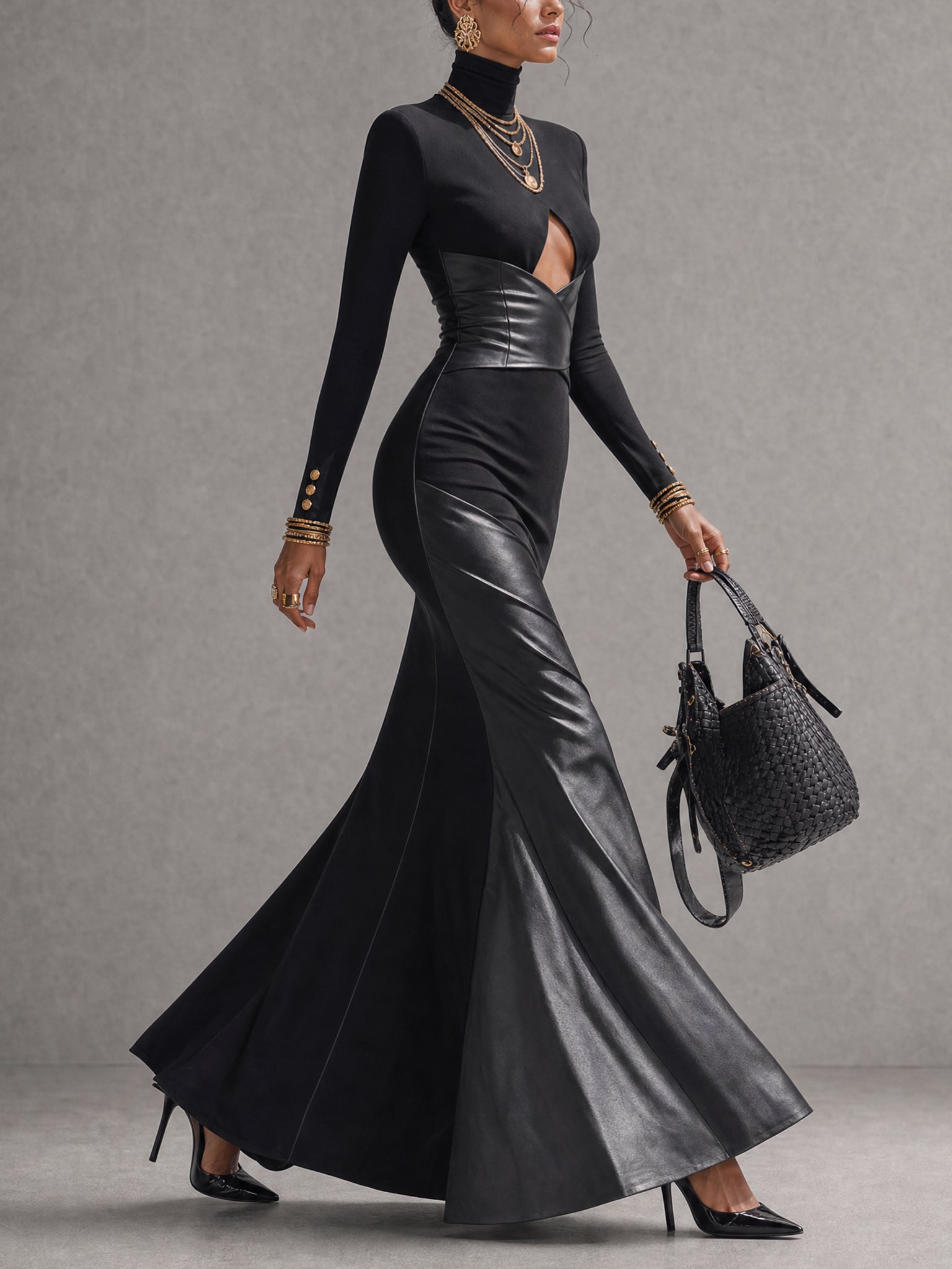 Black Stretch Faux Leather Bodycon Maxi Dress