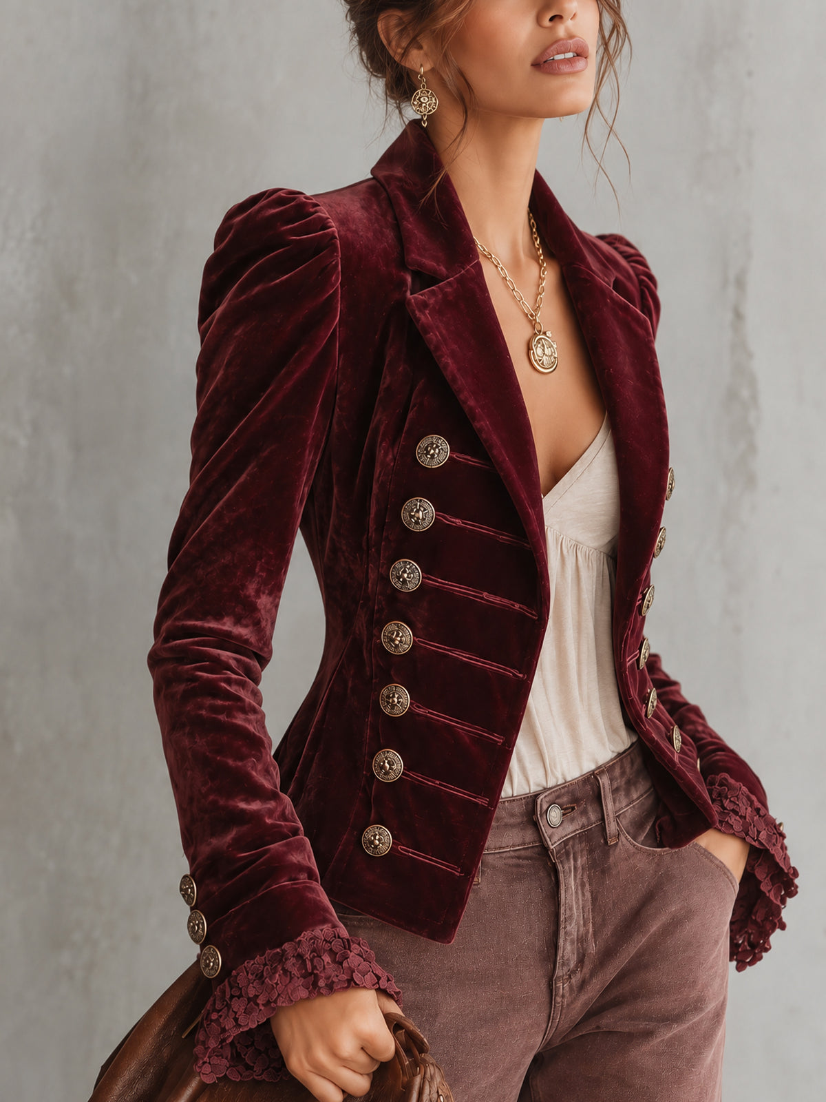 Burgundy Velvet Napoleon Military Button Lace Cuff Jacket