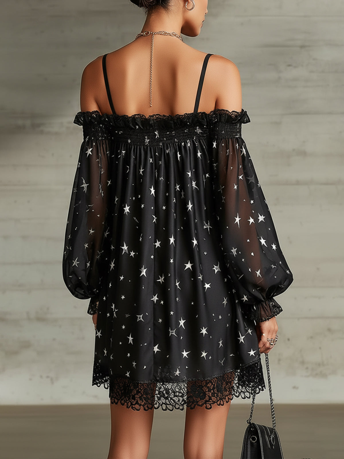 Black Off-Shoulder Sheer Star Print Mini Dress With Lace Hem