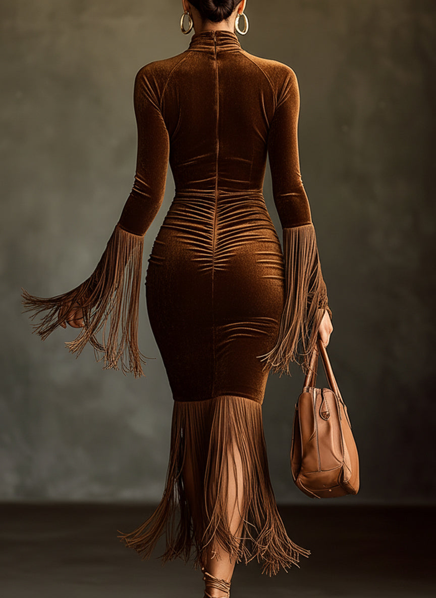Brown Velvet Turtleneck Cutout Fringe Long Sleeve Bodycon Dress