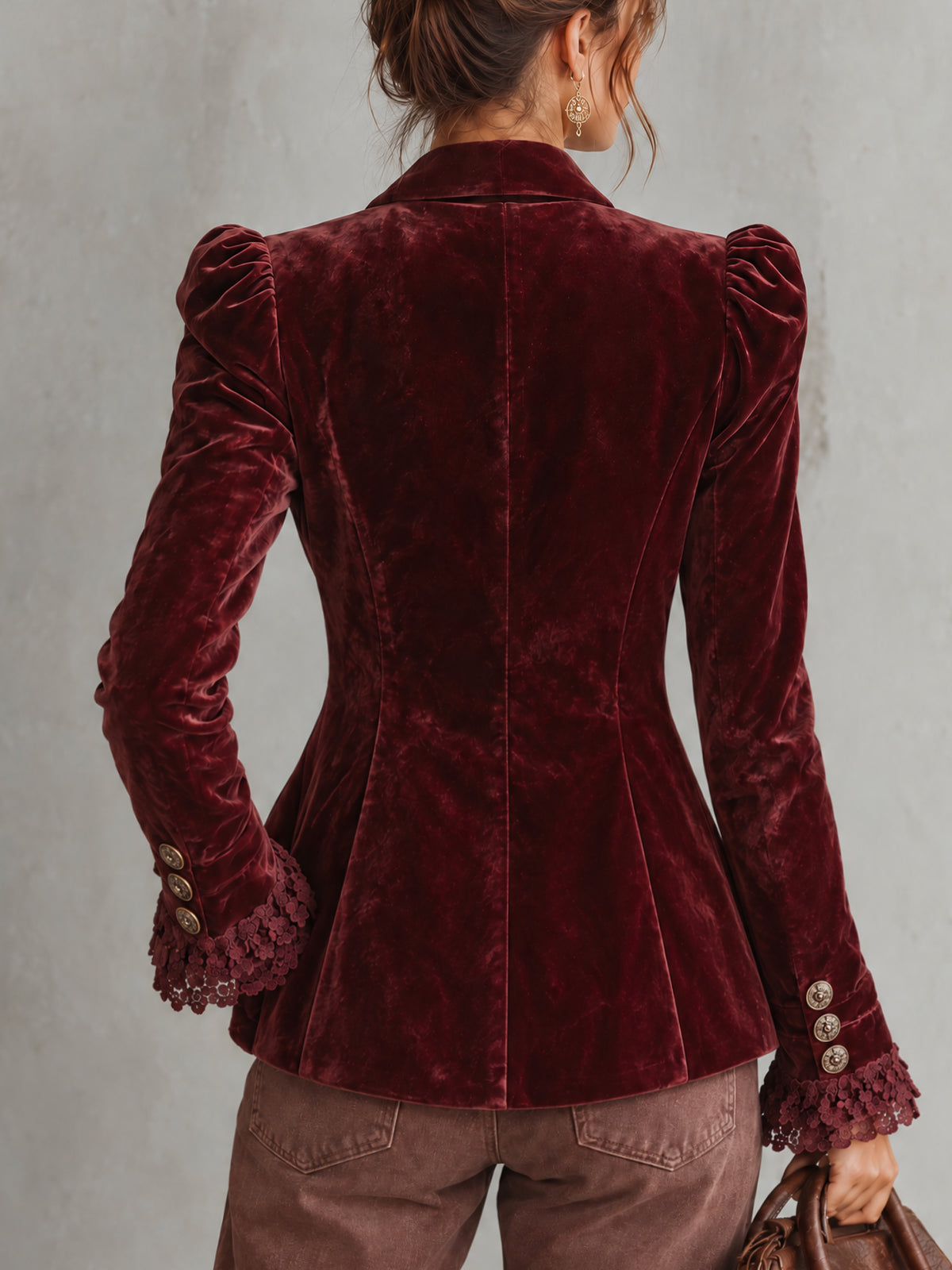 Burgundy Velvet Napoleon Military Button Lace Cuff Jacket