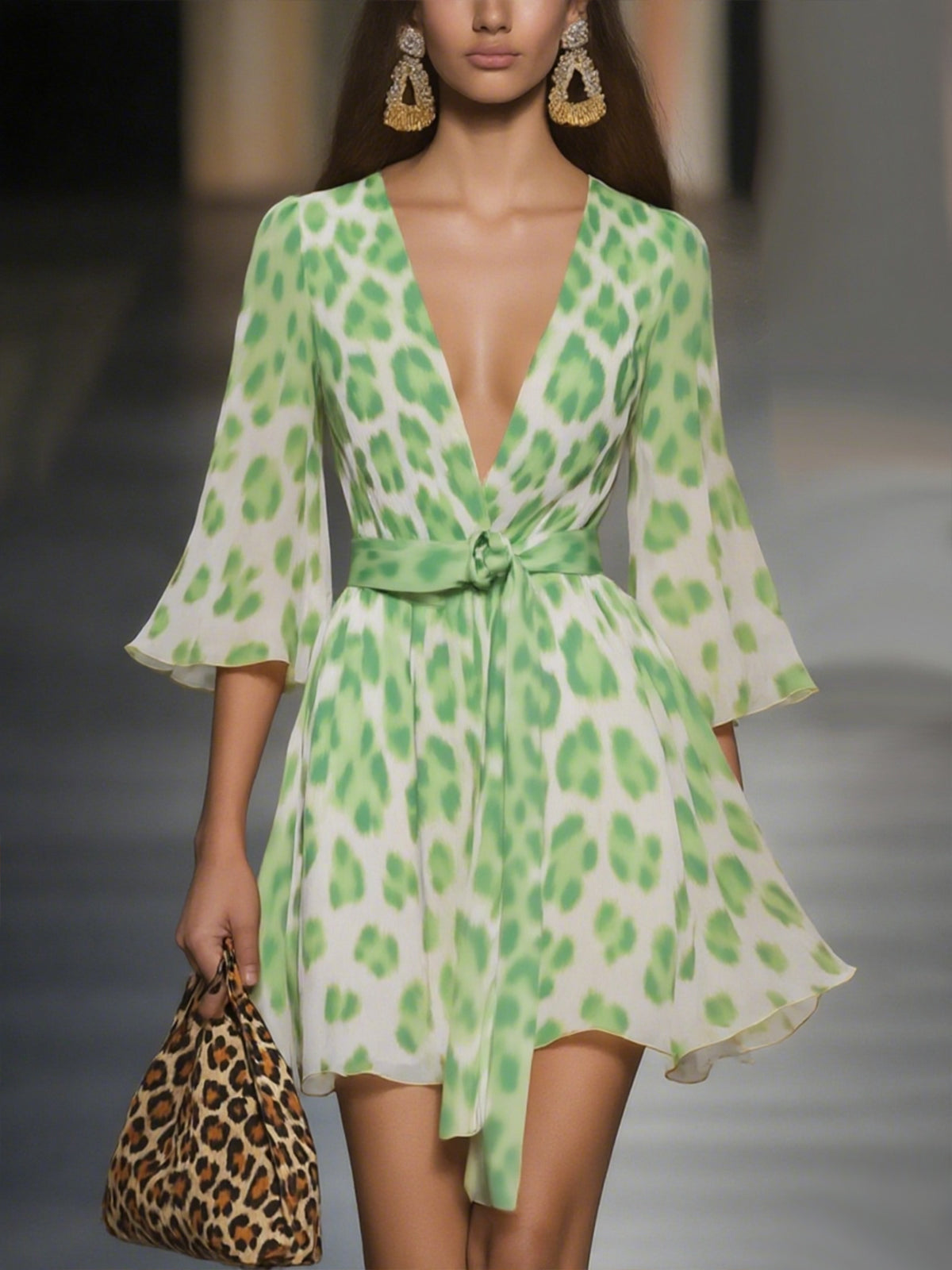Leopard Print Flowy Chiffon Dress With Deep V-Neck And Belted Waist
