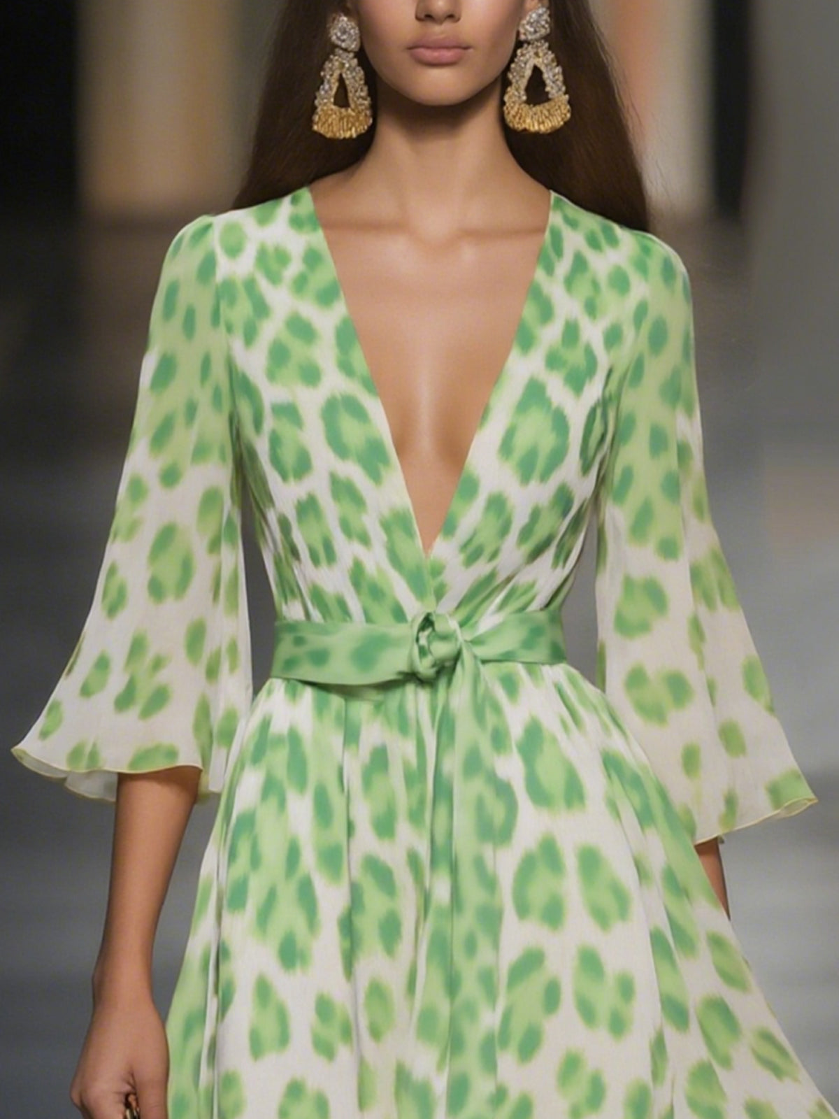 Leopard Print Flowy Chiffon Dress With Deep V-Neck And Belted Waist