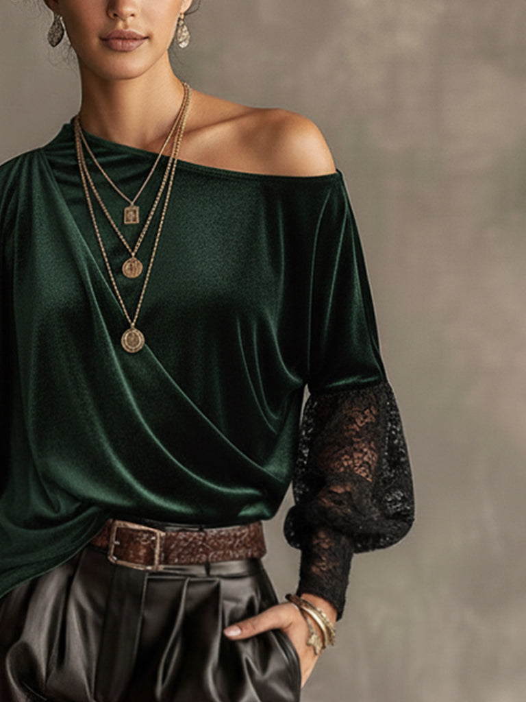 Emerald Velvet One Shoulder Lace Sleeve Top