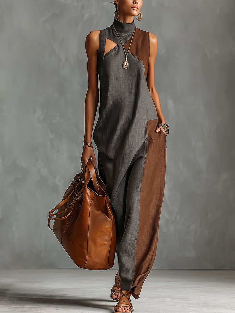 Colorblock High-Neck Sleeveless Linen Maxi Dress