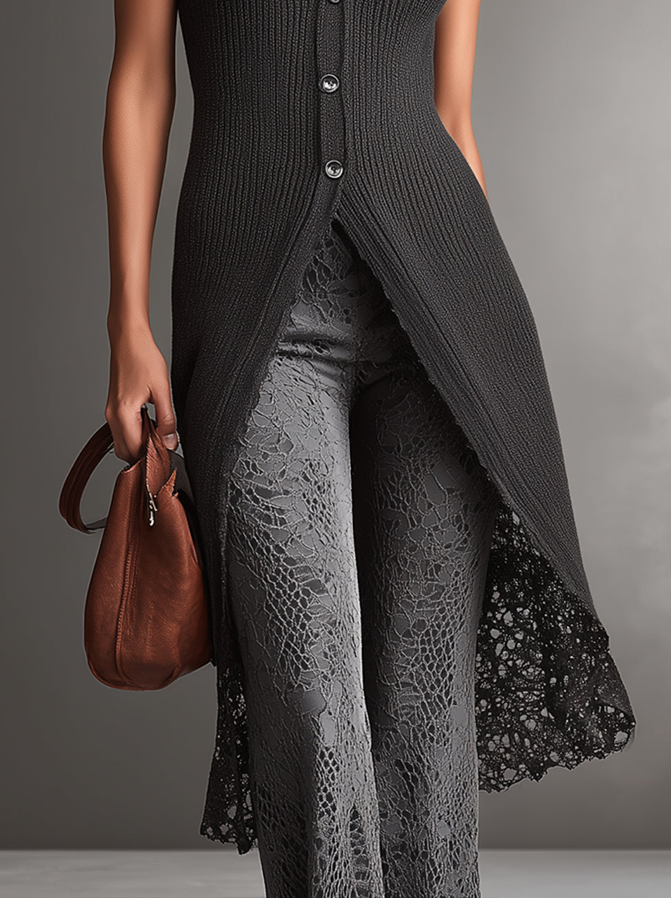 Black Ribbed Knit Long Vest With Lace-Trimmed Hem And Front Buttons