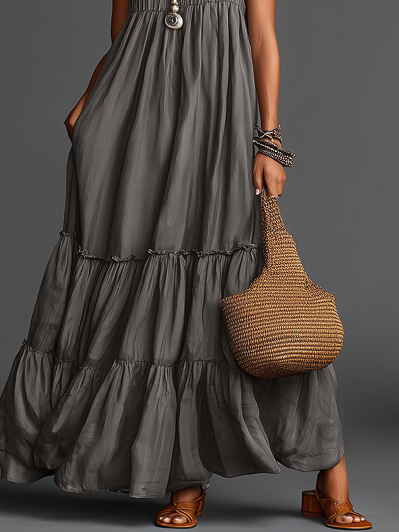 Gray Tiered Maxi Dress With Double Straps And Flowy Silhouette
