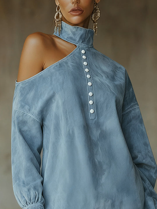 Blue Off-Shoulder Faux Suede Tunic With High Neck And Fringe Hem