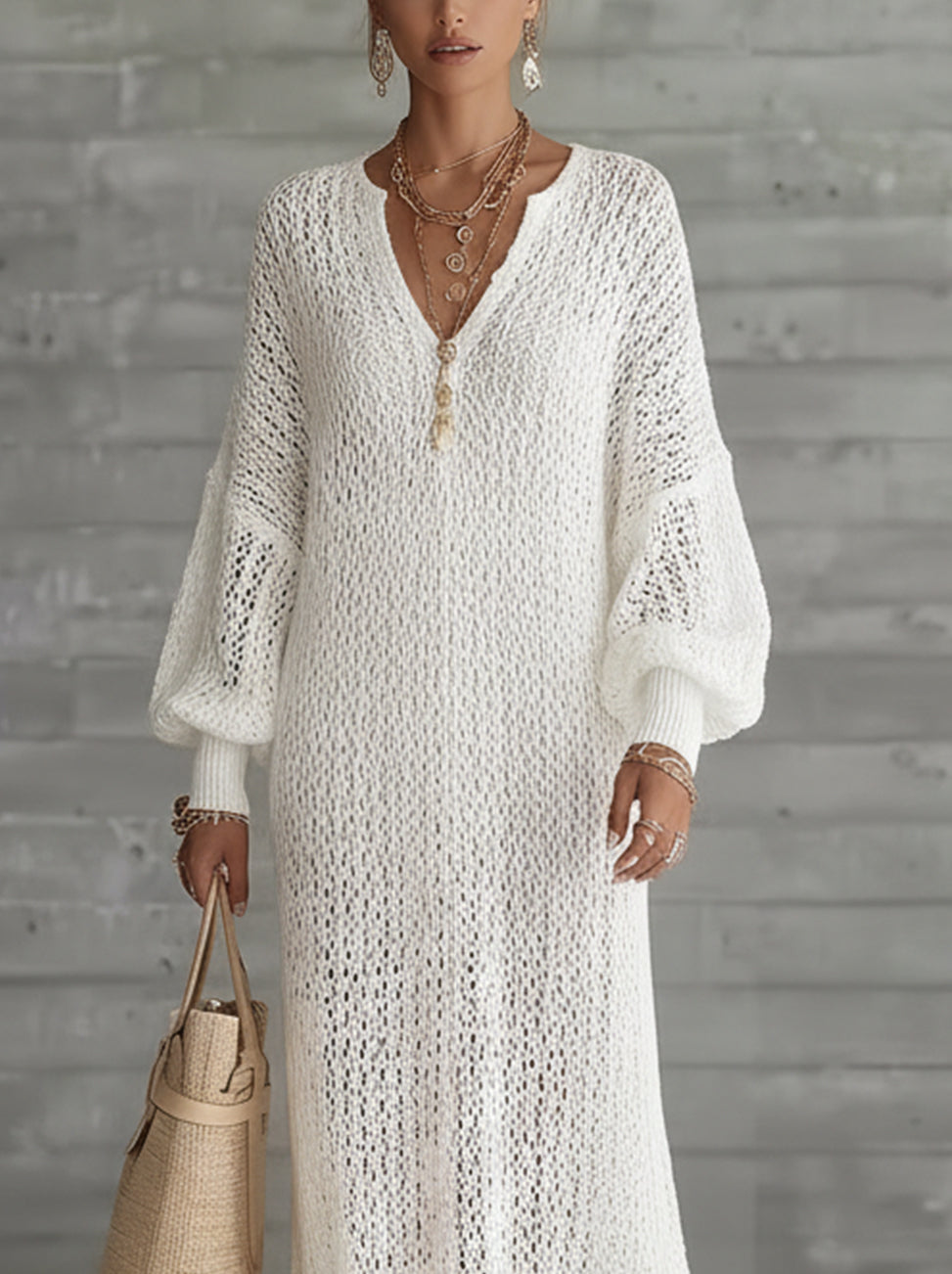 White Crochet Long-Sleeve V-Neck Maxi Dress