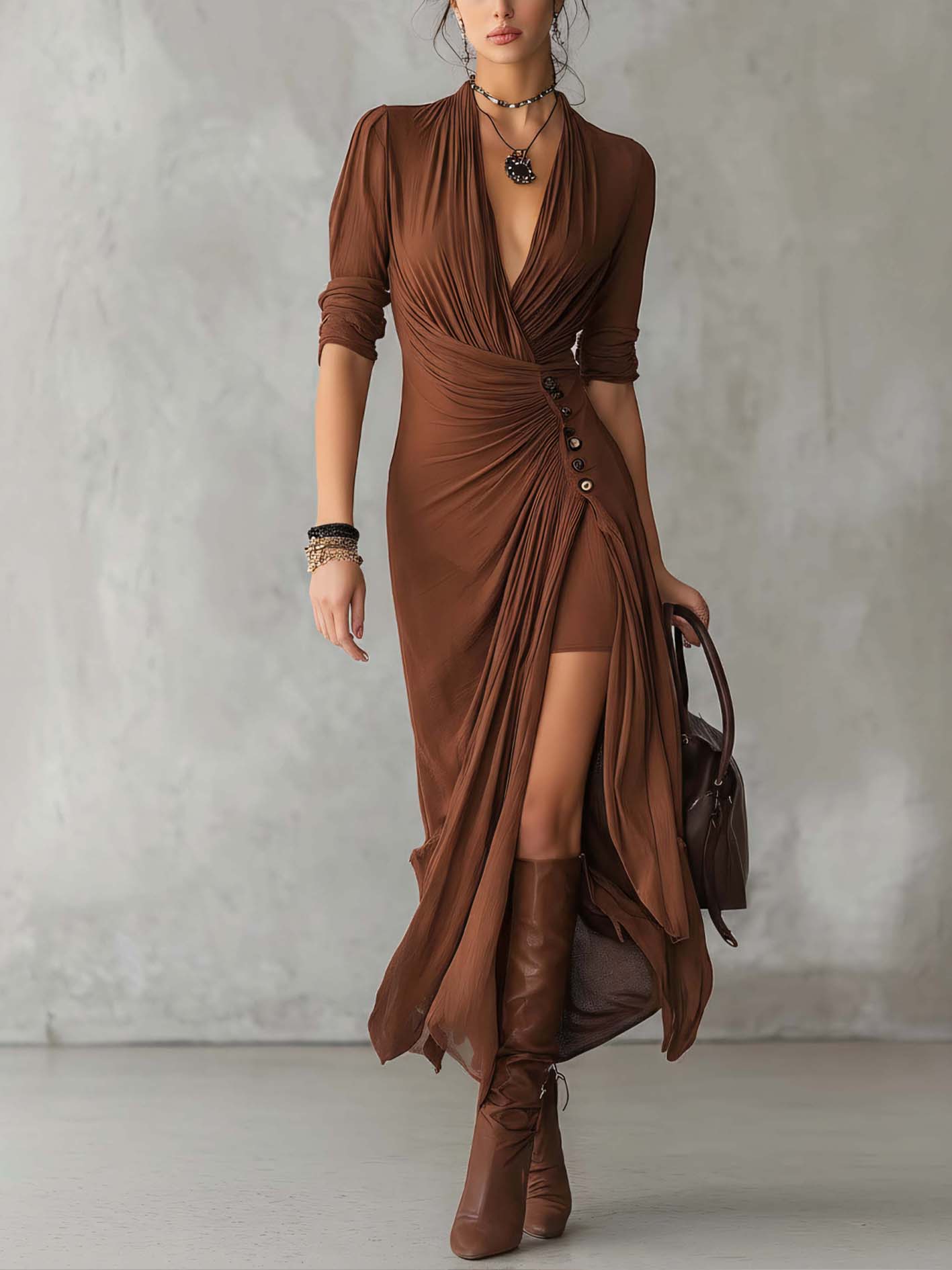 Brown Cotton Linen V-Neck Buttoned Maxi Dress