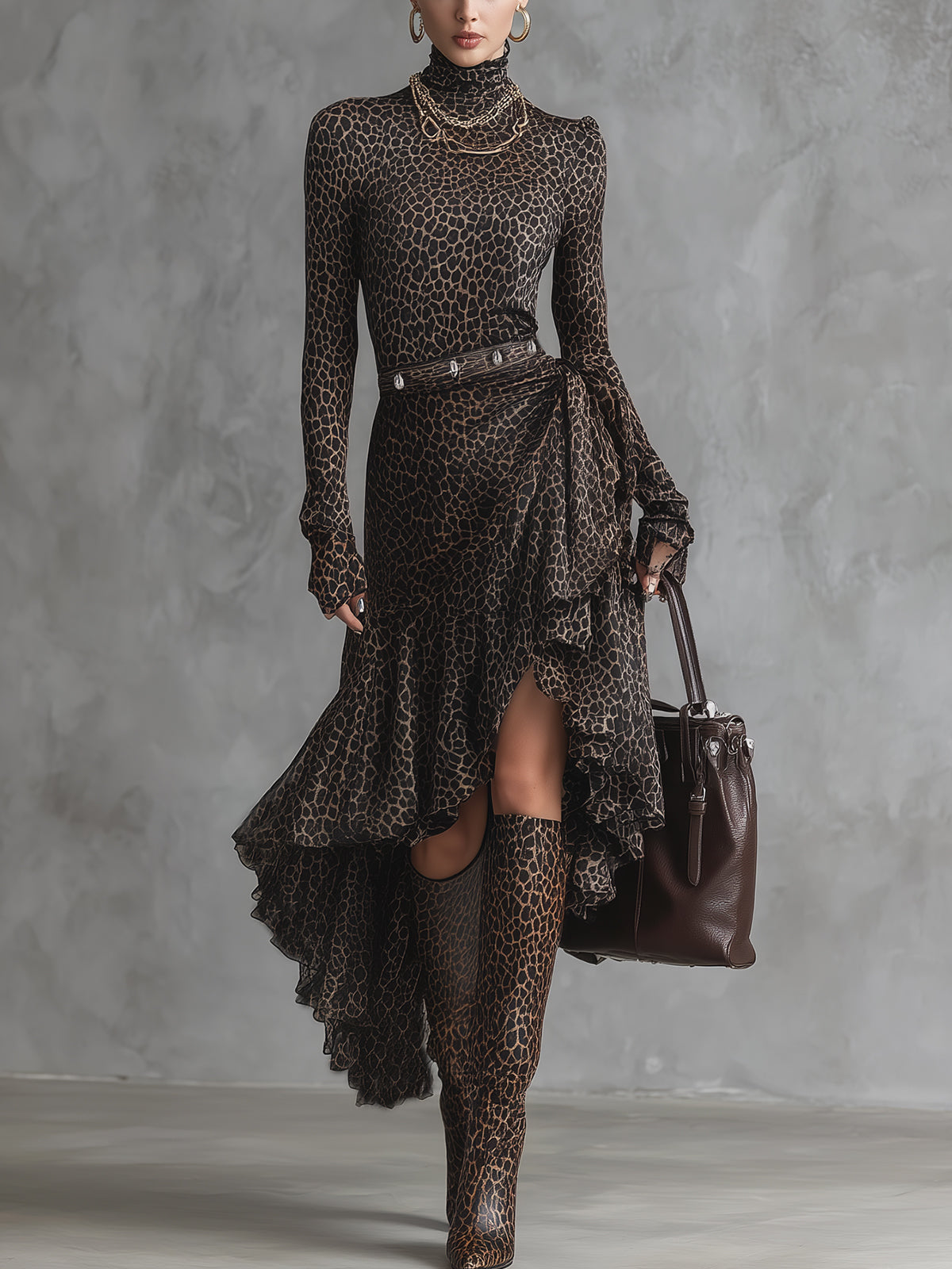 Brown Leopard Print High-Neck Ruffled Dress With Belt Detail