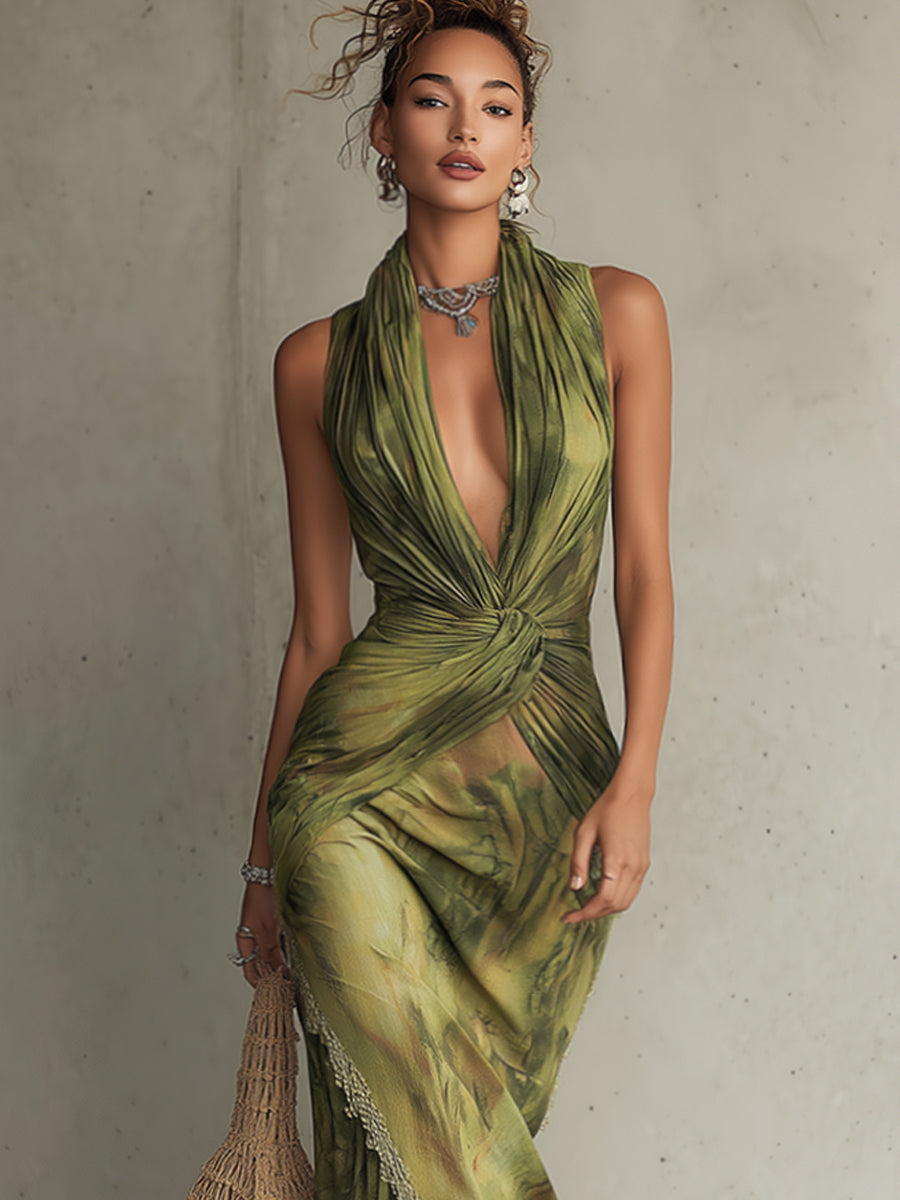 Green Linen Blend Sleeveless V-Neck Bodycon Dress