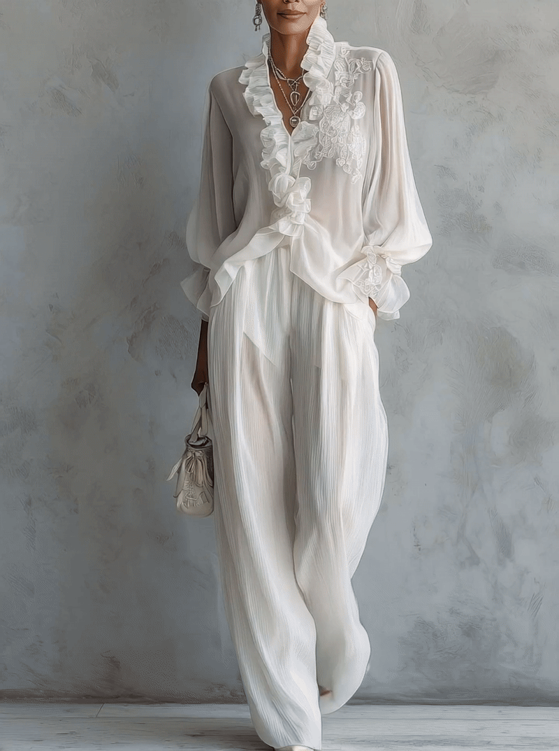 White Chiffon Embroidered Ruffle Blouse And Pleated Wide-Leg Pants Set