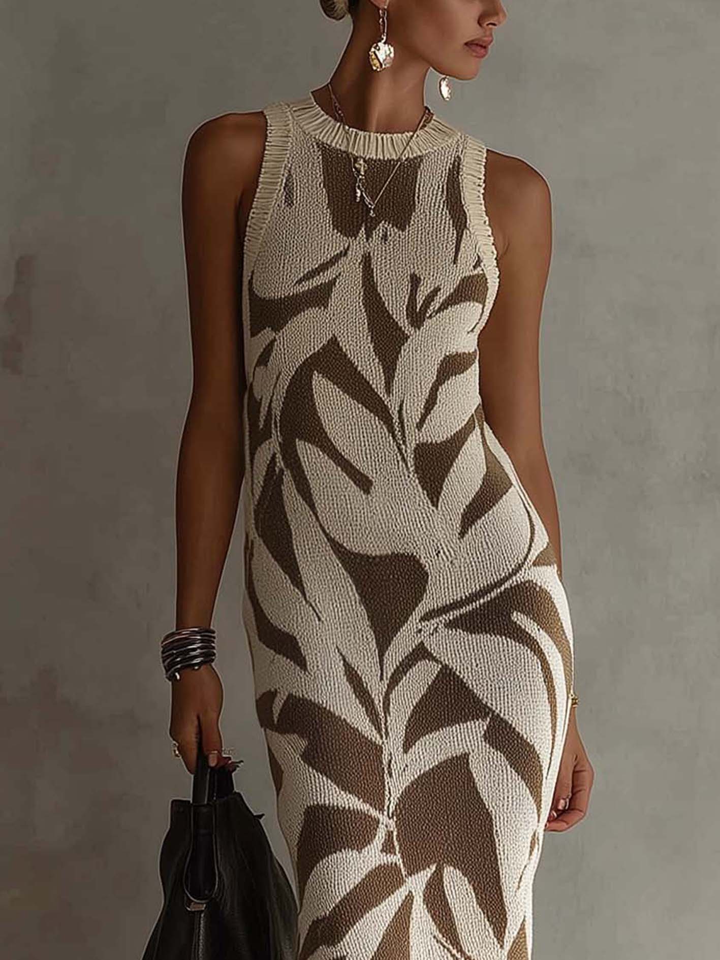 Sleeveless White Knit Bodycon Dress With Artistic Leaf Print And Fringe Hem