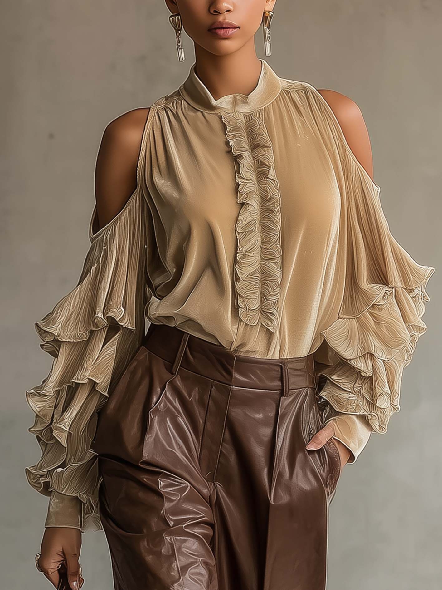 Oatmeal Velvet Cold Shoulder Ruffle Sleeve Shirt