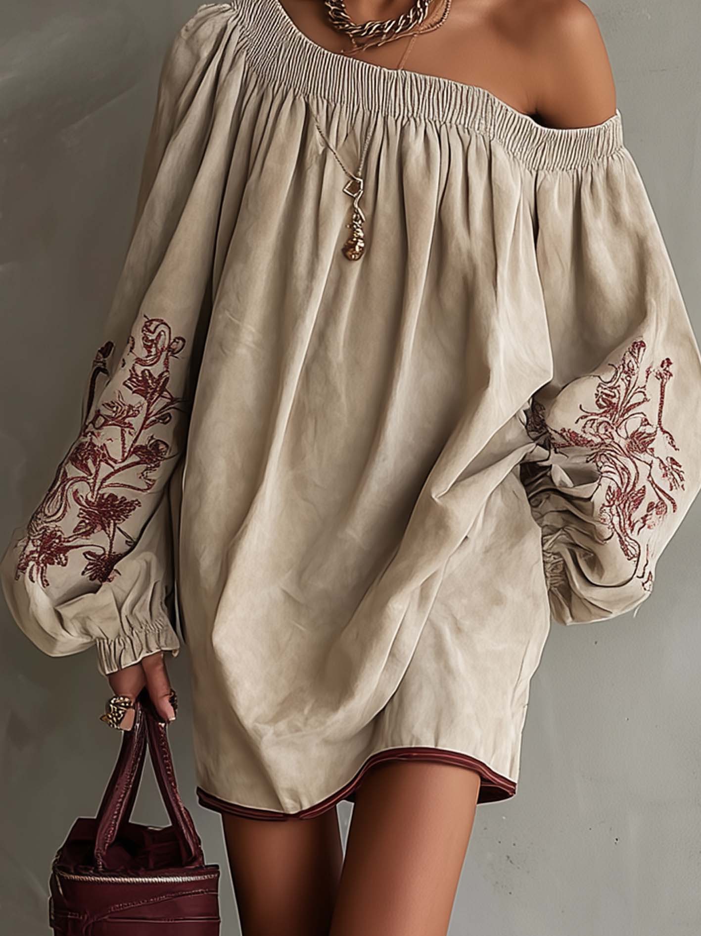 Oatmeal Faux Suede One Shoulder Mini Dress With Embroidered Sleeve