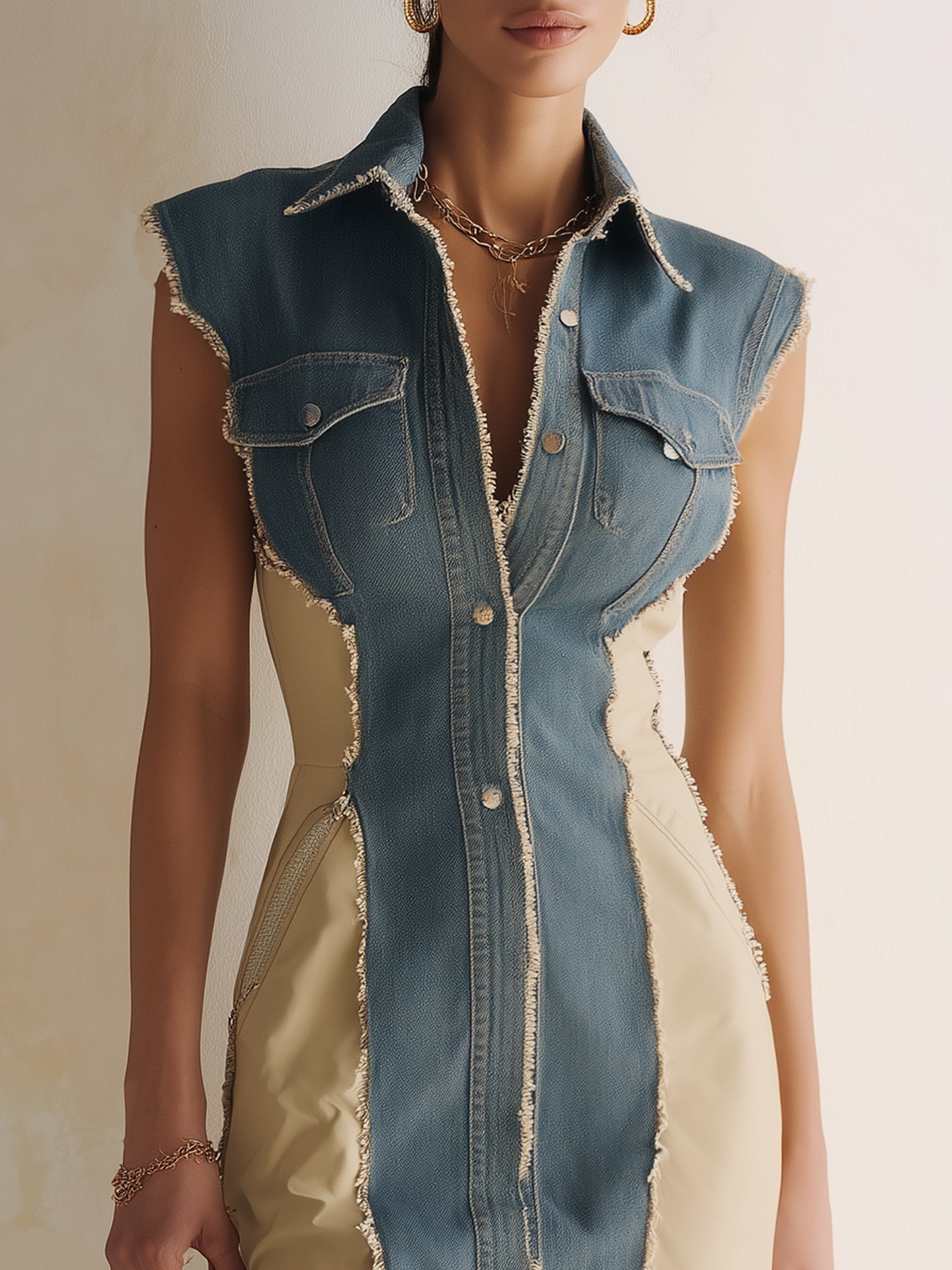 Blue Color Block Washed Denim Frayed Mini Dress