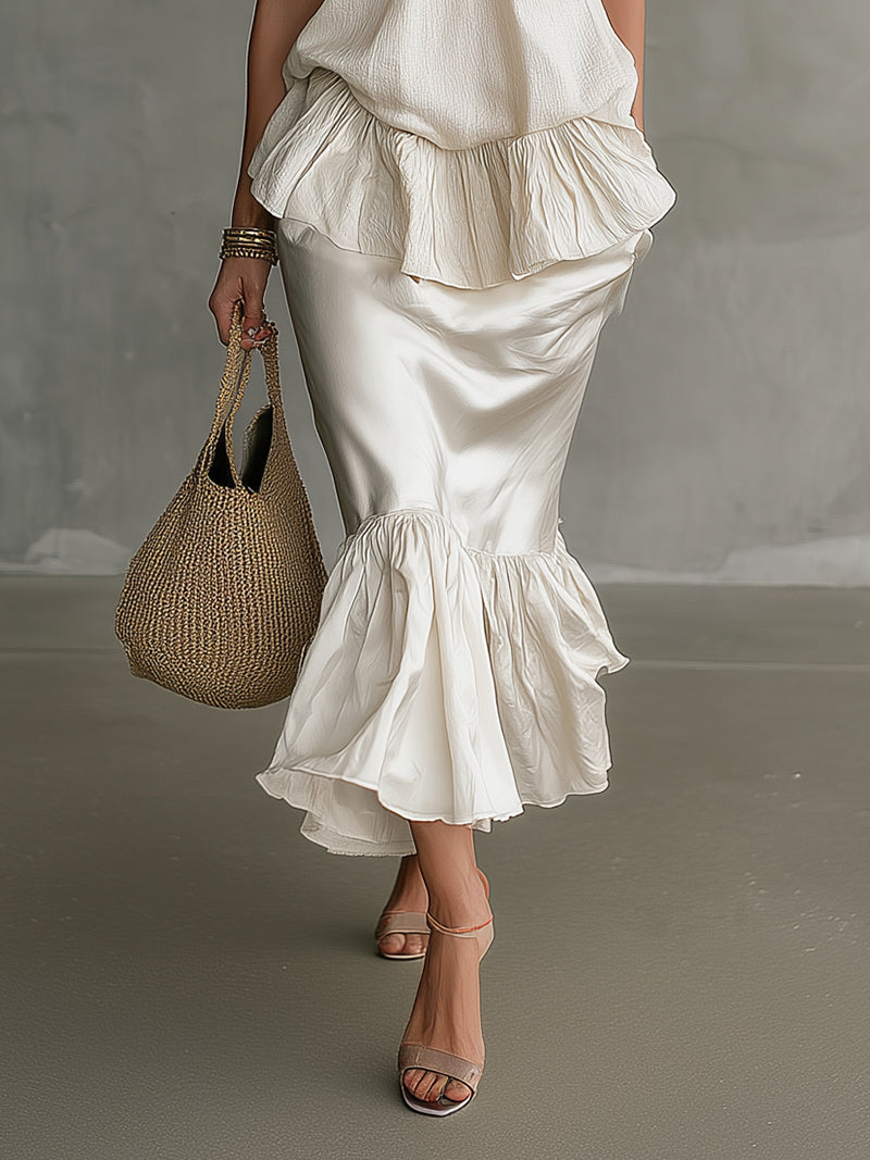 White Cotton And Linen Shirt With Ruffled Details And Satin Fishtail Skirt Set