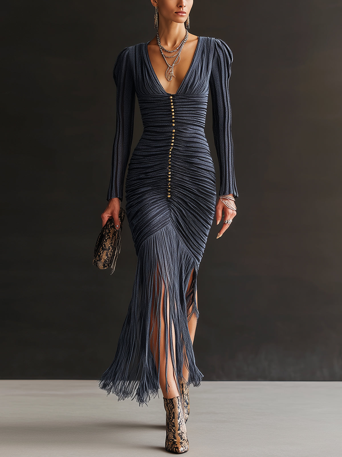 Midnight Ruched Fringe Knit V-Neck Bodycon Dress