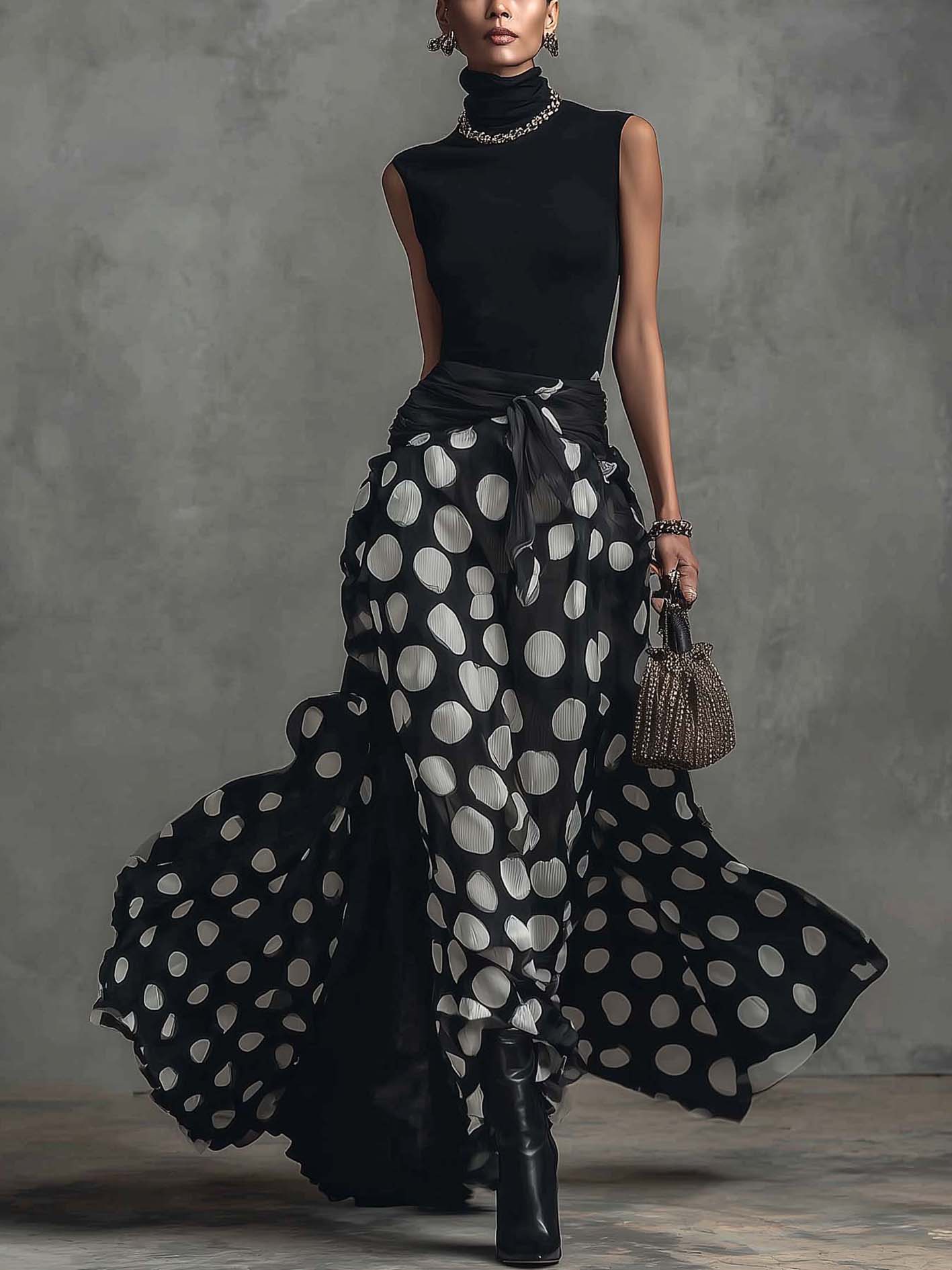 Black Sleeveless Polka Dot Maxi Dress