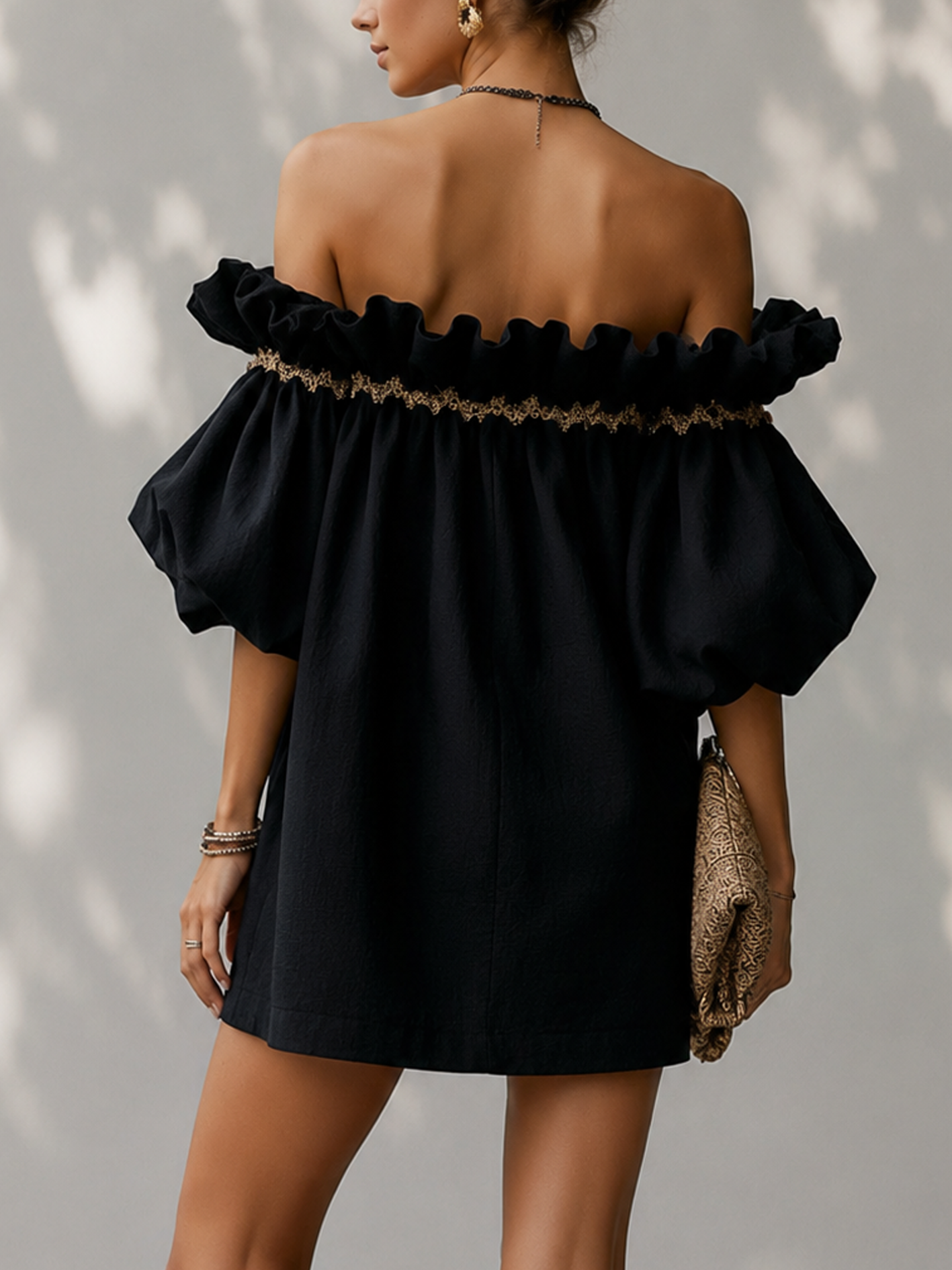 Black Off Shoulder Cotton Linen Mini Dress With Ribbon Patchwork