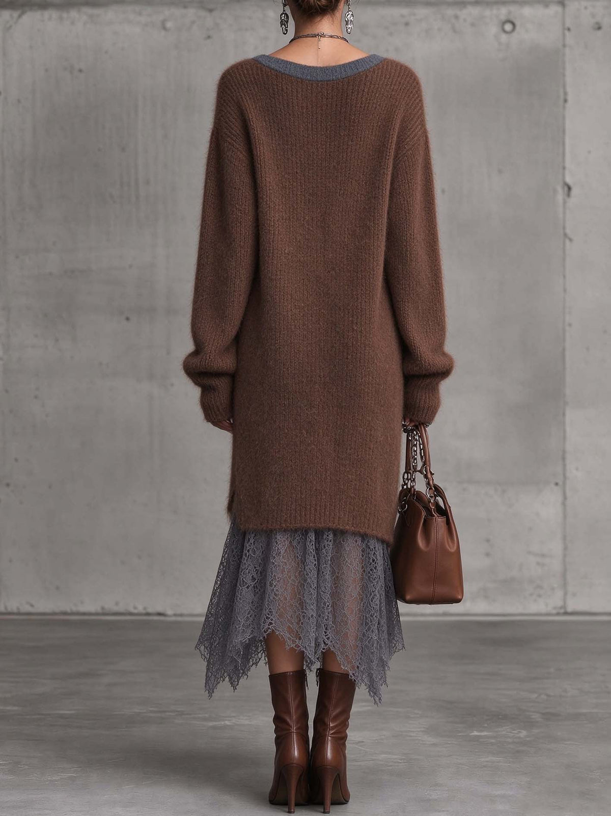 Chocolate Brown Fuzzy Mohair Knit Midi Dress With Contrast Lace Hem