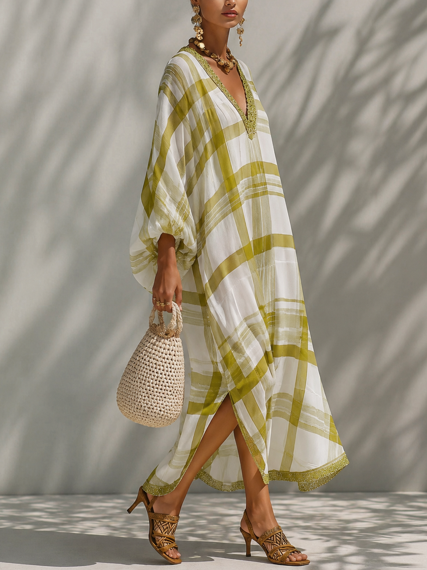 Green Plaid Chiffon Maxi Dress With Ribbon Trim