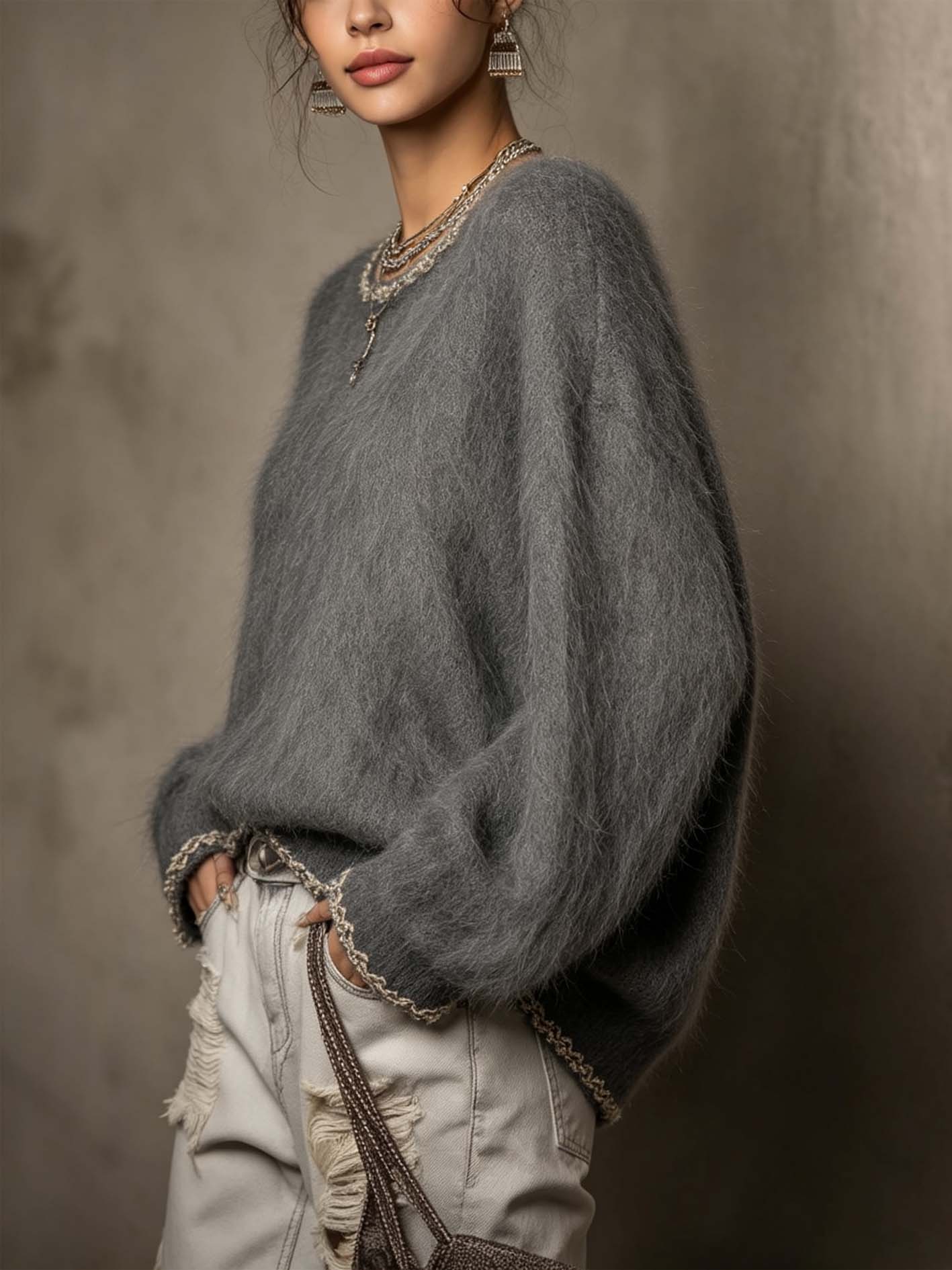 Mocha Fuzzy Knit Sweater With Shimmer Trim Balloon Sleeves