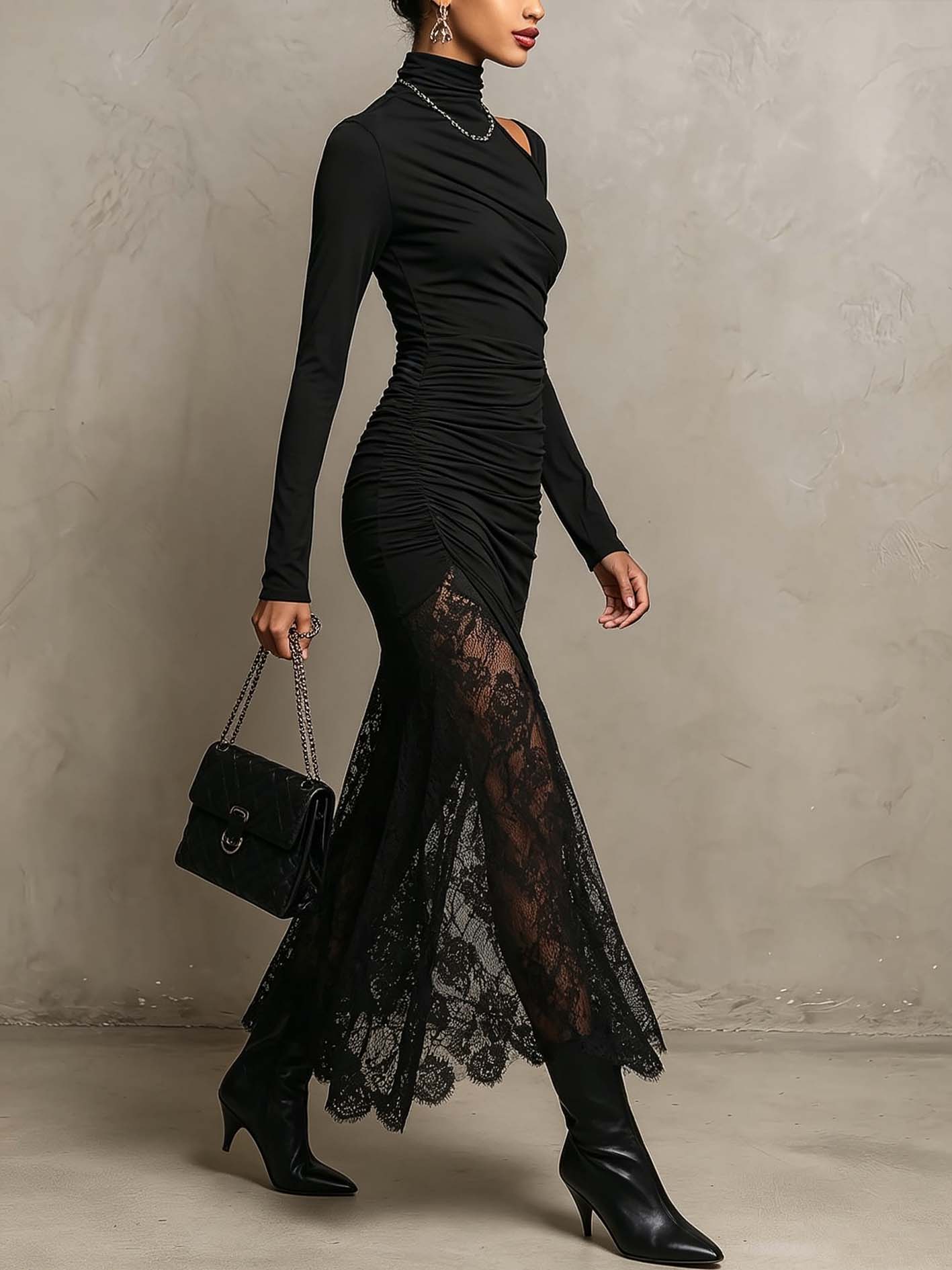 Black Ruched Bodycon Maxi Dress With Lace Patchwork Mermaid Hem