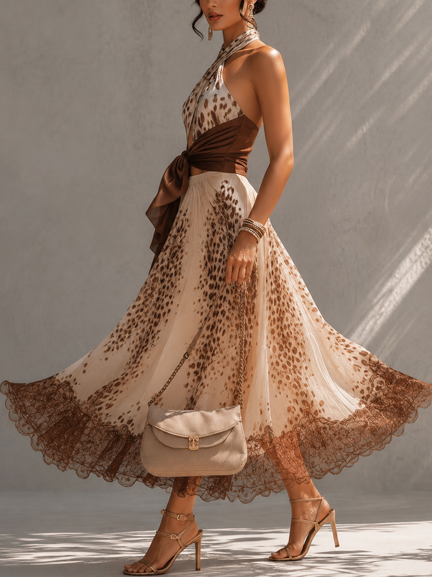 Beige Gradient Leopard Print Halter Top And Lace Hem Pleated Skirt Set