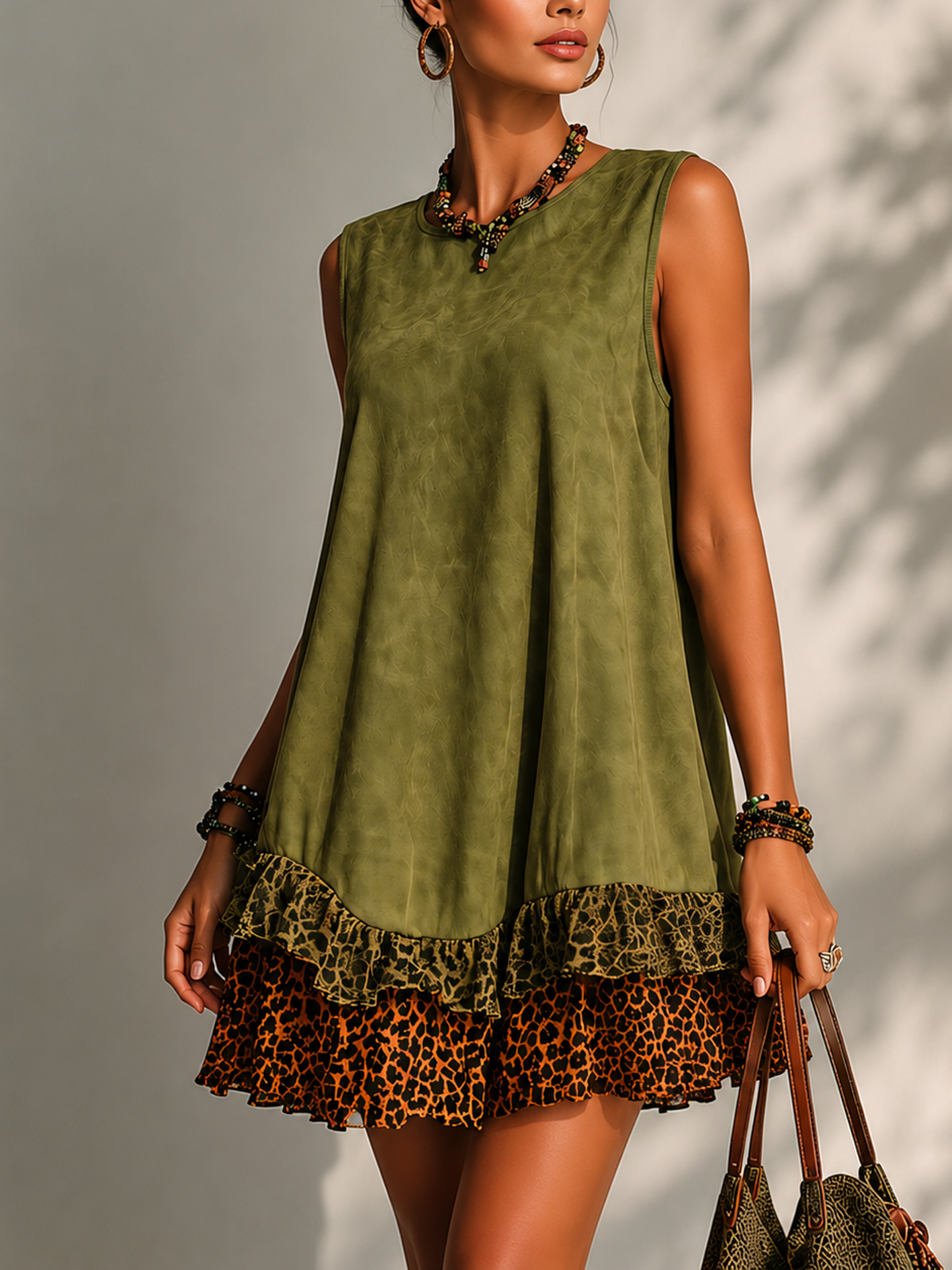 Olive Green Faux Suede Mini Dress With Leopard Ruffle Hem