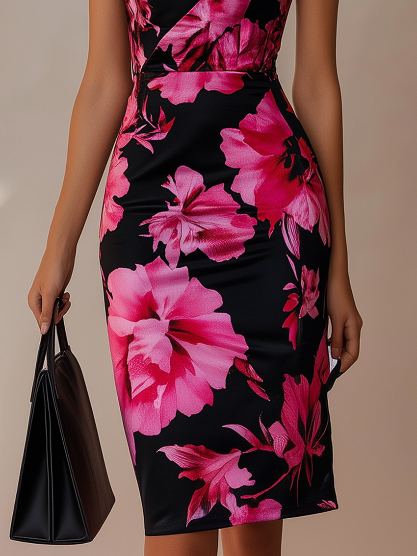One Shoulder Black Midi Bodycon Dress With Bright Pink Flower Print