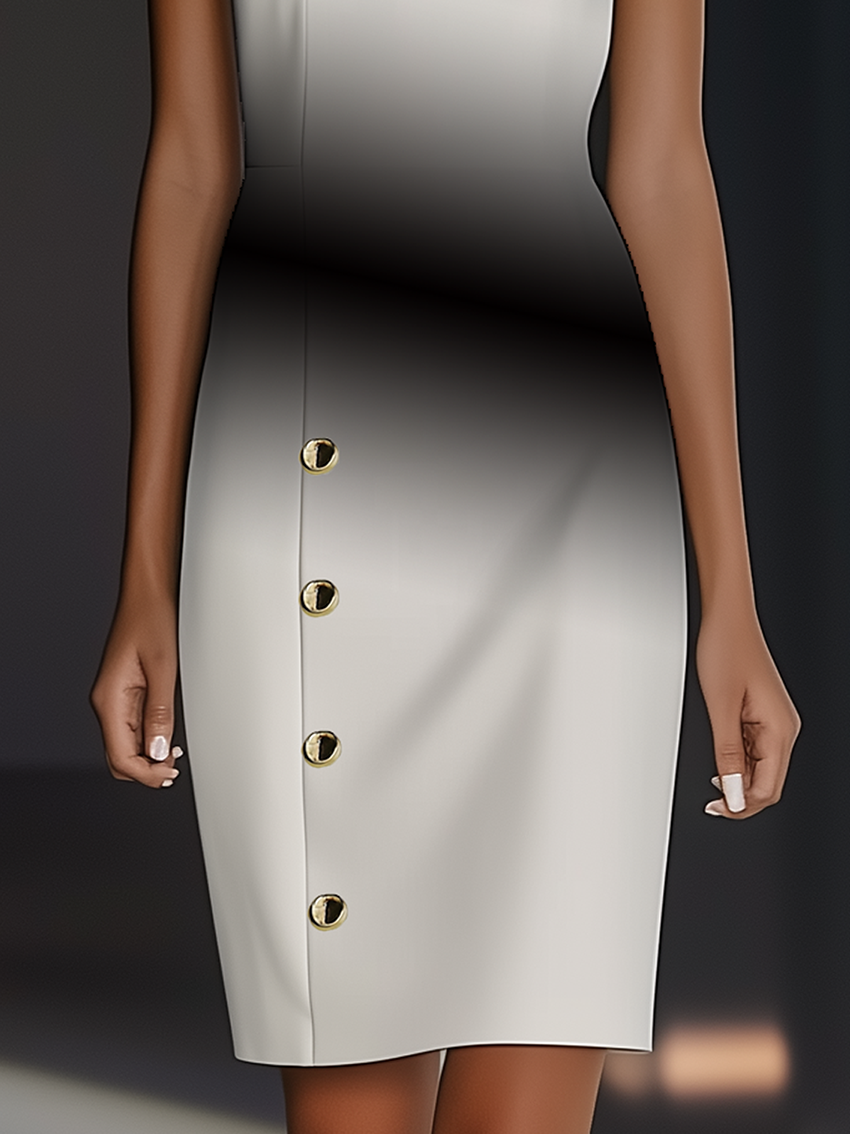 White Midi Bodycon Dress With Fashion Gradient Print And Gold Buttons
