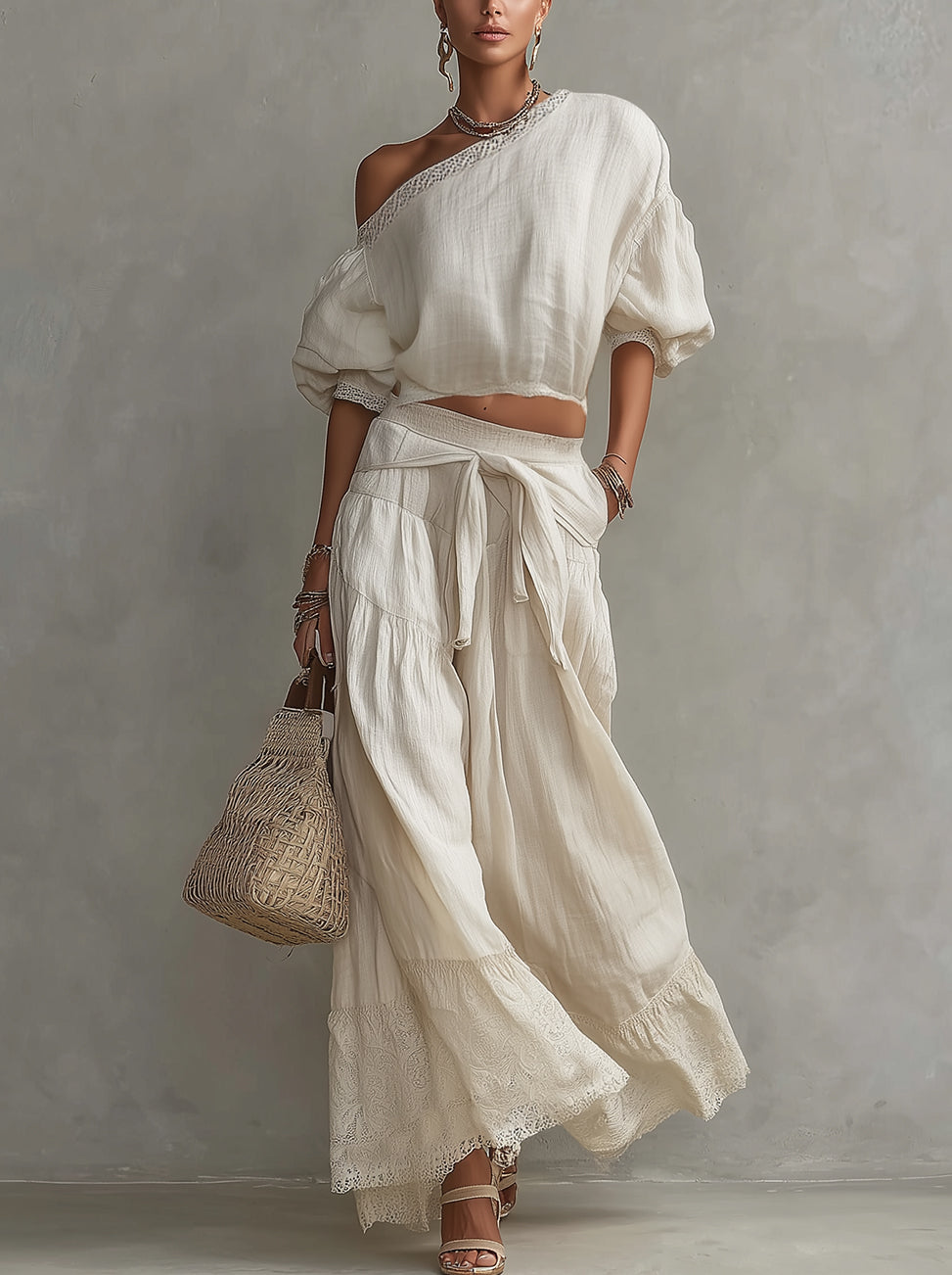 Ivory One-Shoulder Lace Trim Crop Top And Tiered Maxi Skirt Linen Set