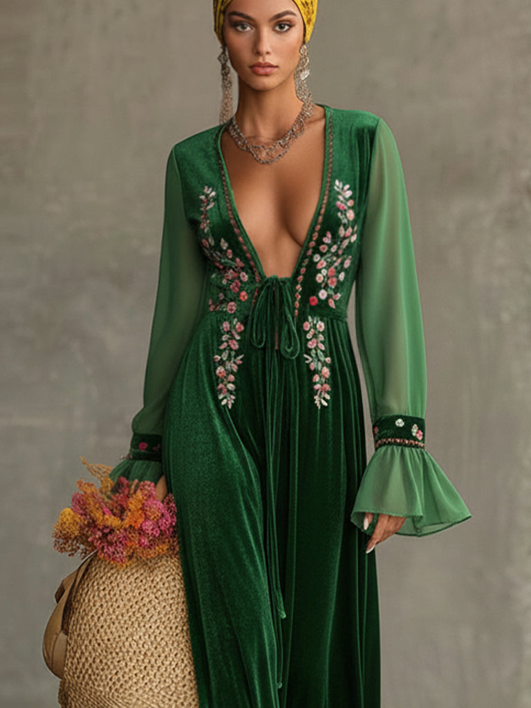 Green Velvet Embroidered Tie Front Maxi Dress With Chiffon Sleeves