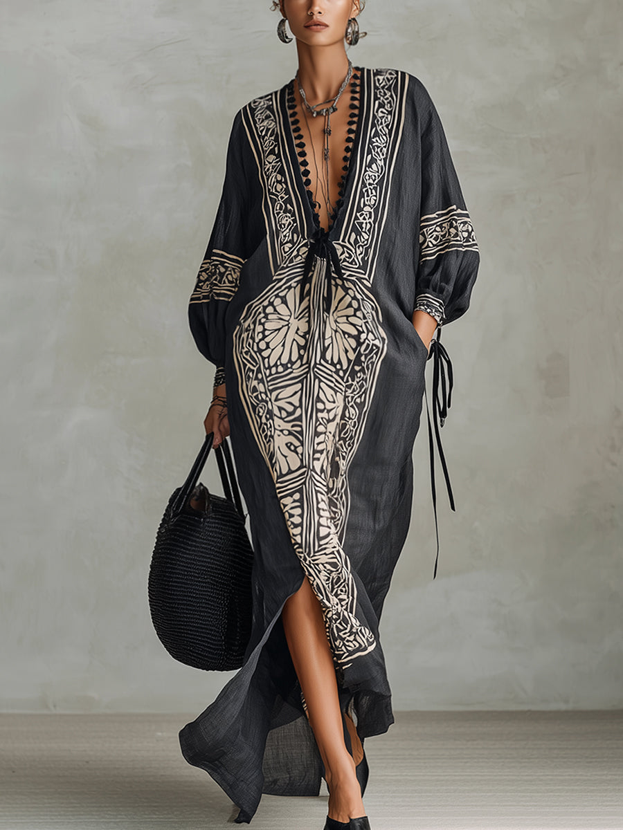 Charcoal Print Deep V-Neck Linen Blend Maxi Dress