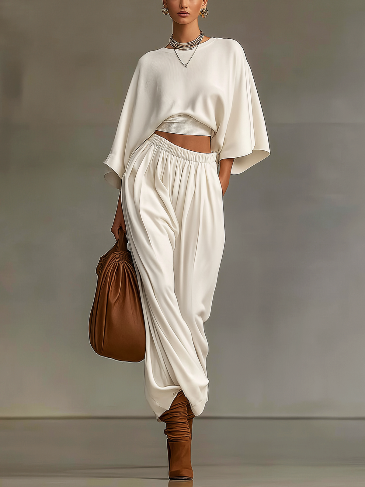 White Knit Cropped Batwing Sleeve High-waisted Wide-leg Trouser Suit