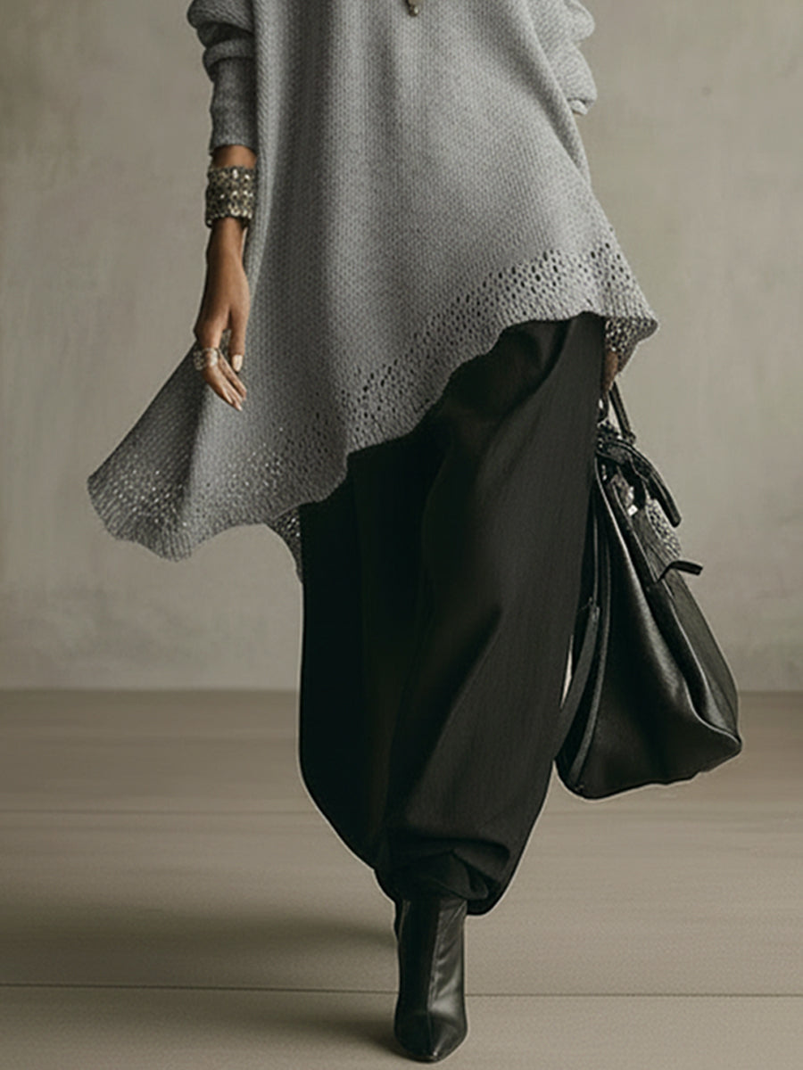 Gray Loose Knit Midi Dress With Asymmetric Hem