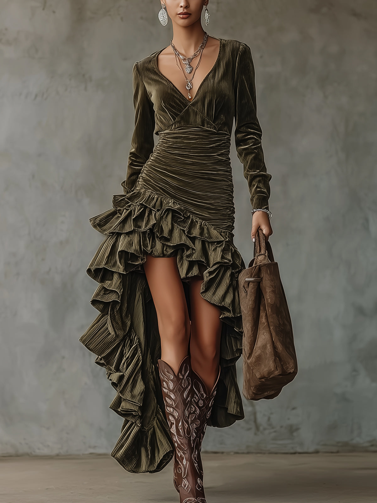 Olive Green Velvet High-Low Ruffled Dress With Ruched Waist