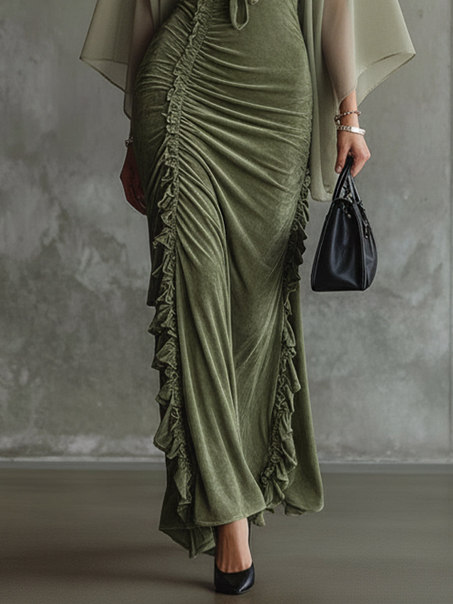 Green Faux Suede Maxi Dress With Chiffon Sleeves