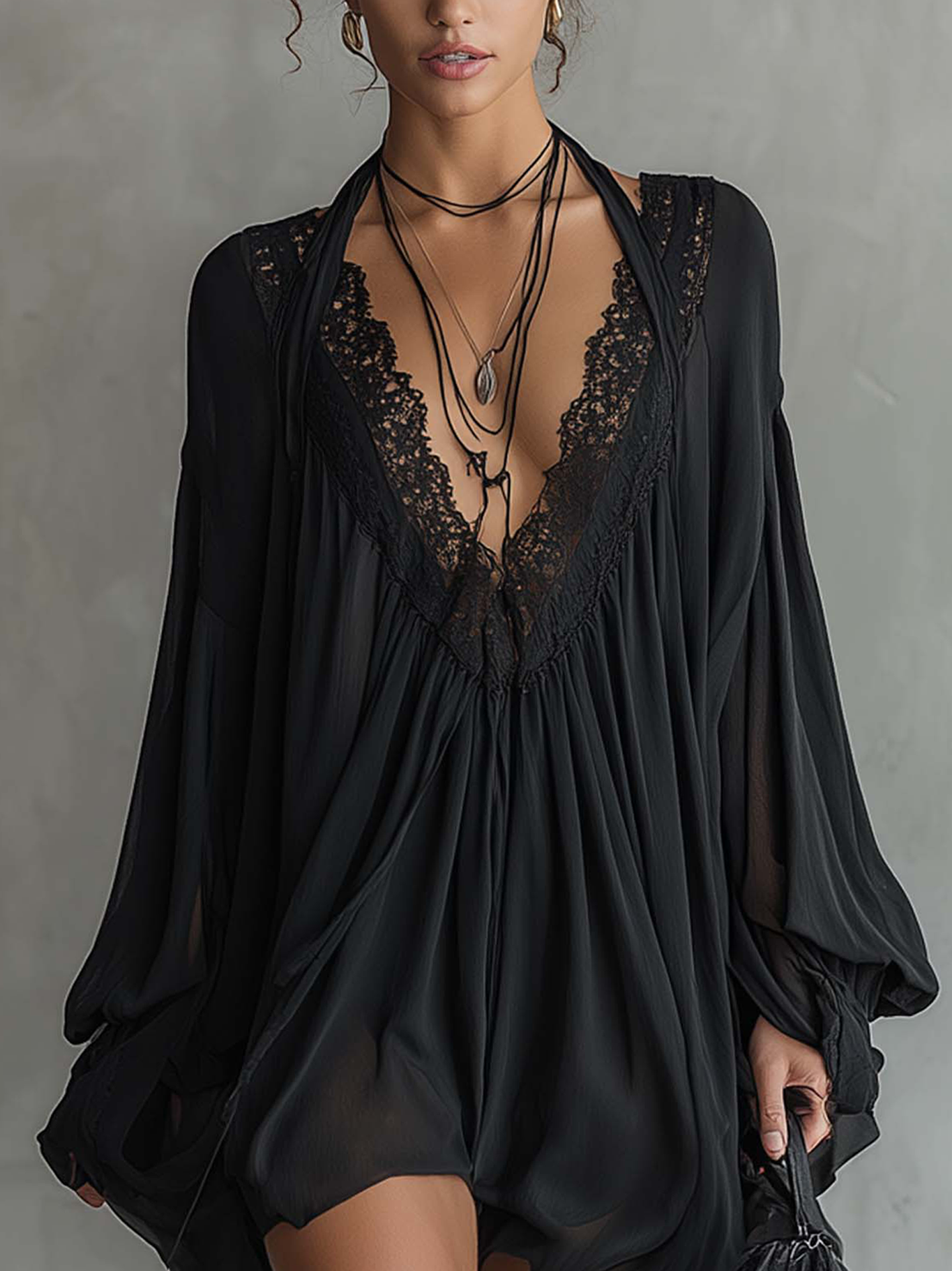 Black Chiffon Halter Mini Dress With Lace Neckline