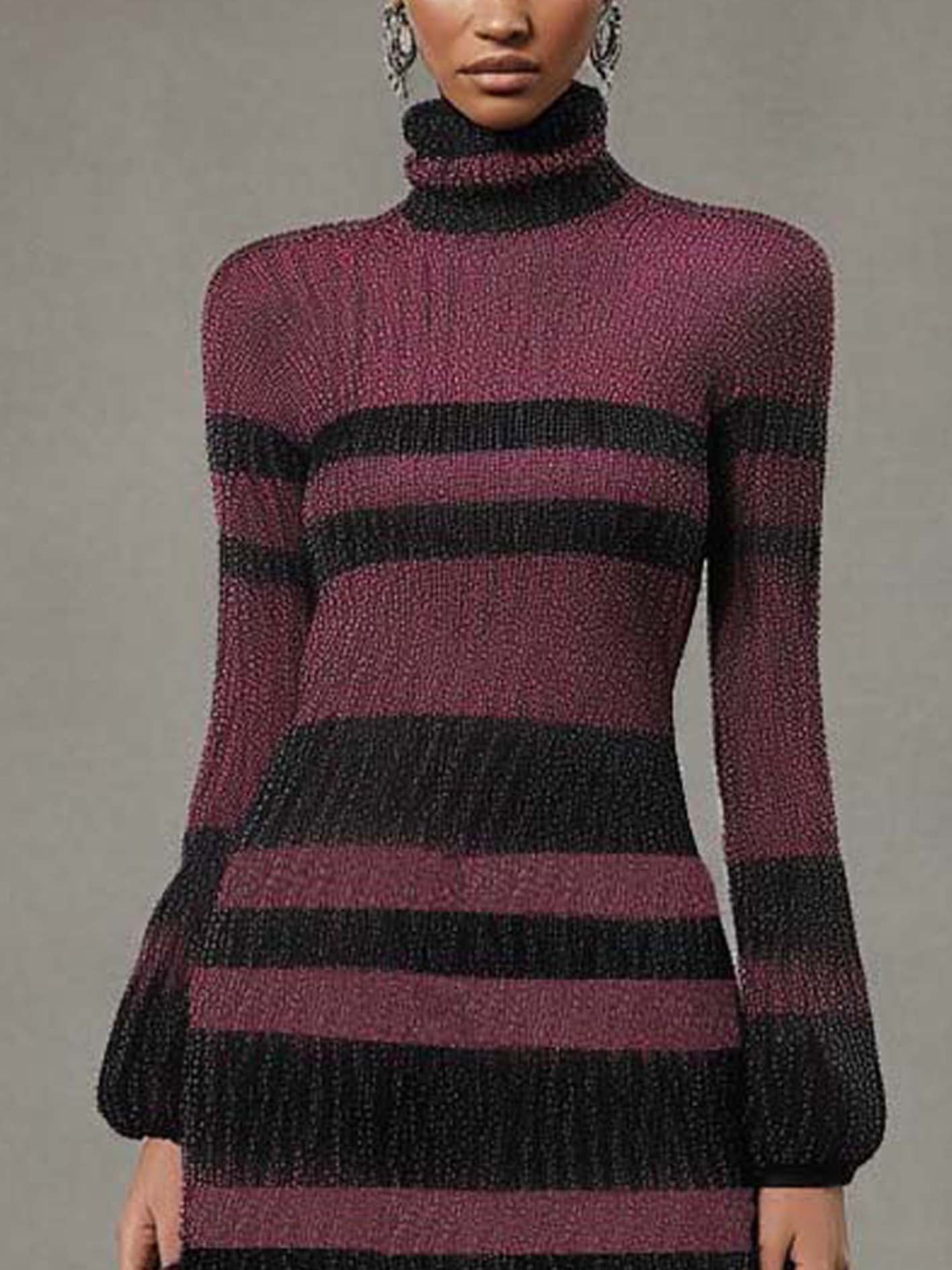 Dark Pink Knitted Mini Dress With Black Lines