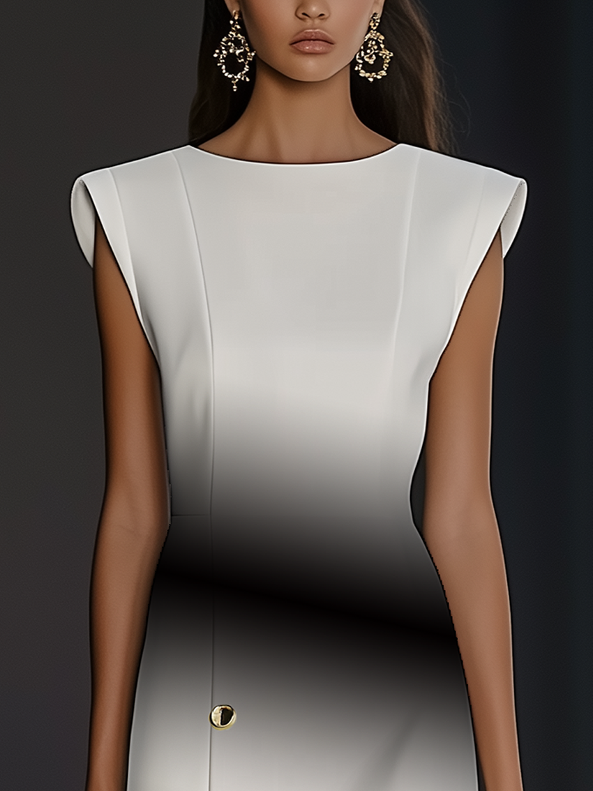 White Midi Bodycon Dress With Fashion Gradient Print And Gold Buttons
