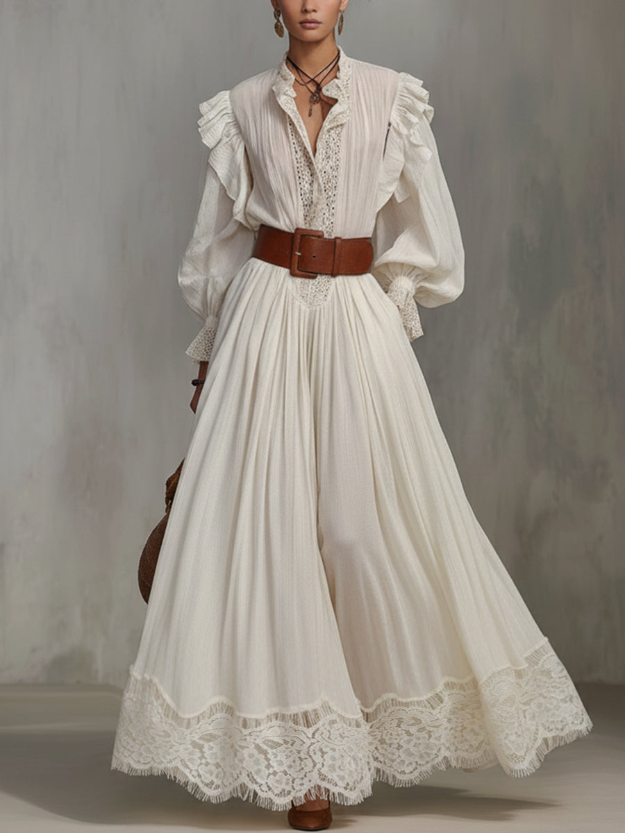 Ivory Linen Blend Maxi Dress With Lace Hem