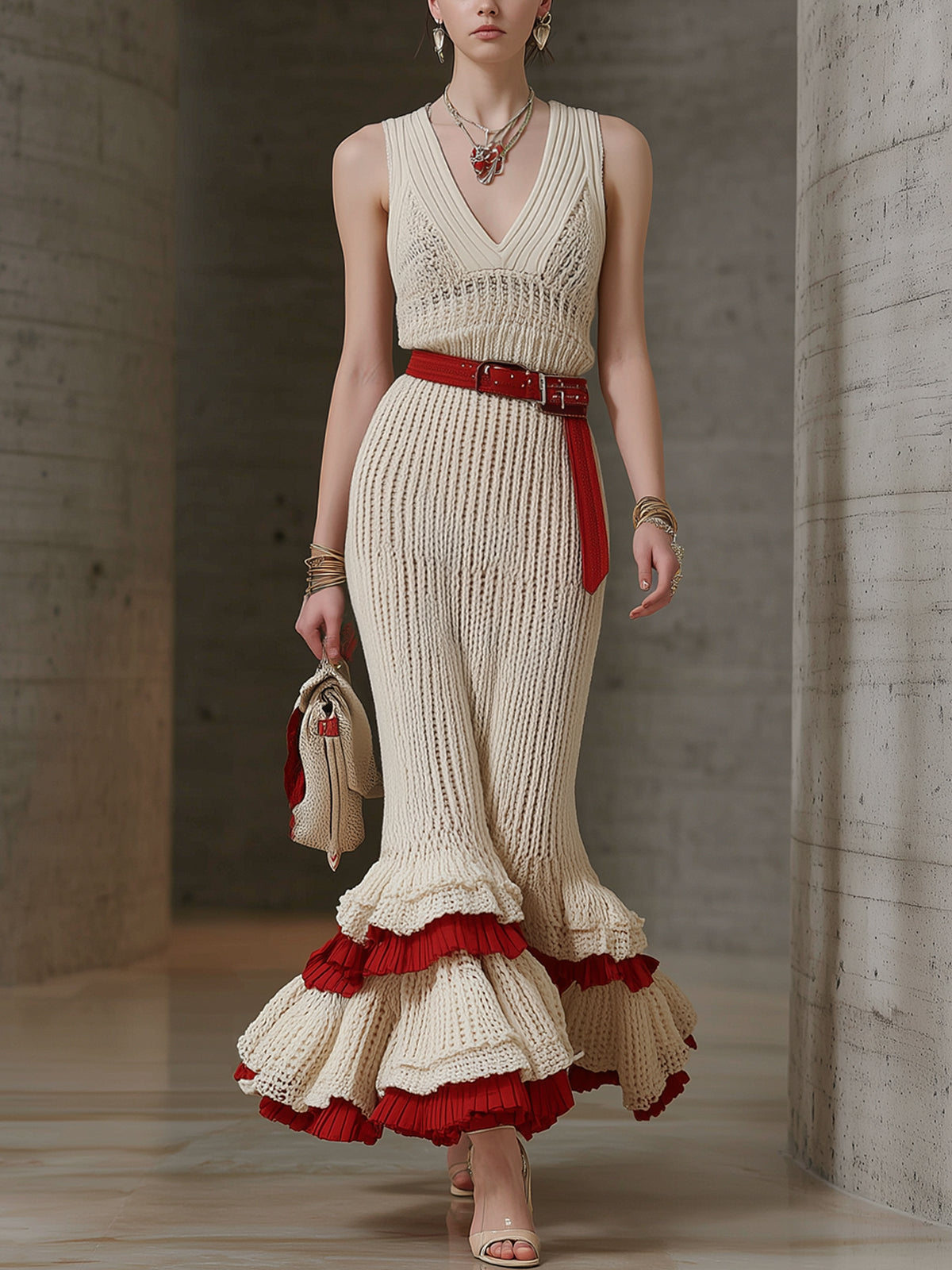 Ivory Knit Sleeveless V-Neck Ruffle Hem Midi Dress With Belt