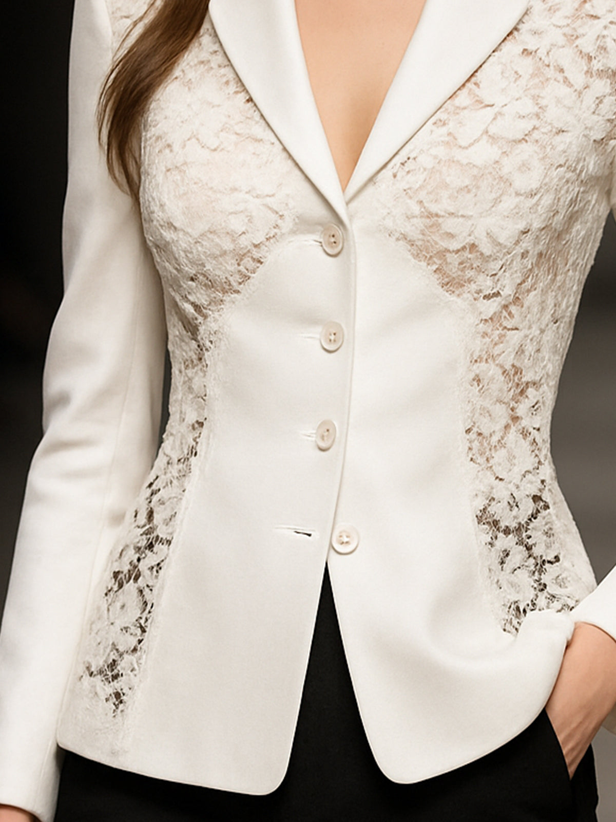 Sophisticated White Lace-Panelled Blazer With Tailored Fit