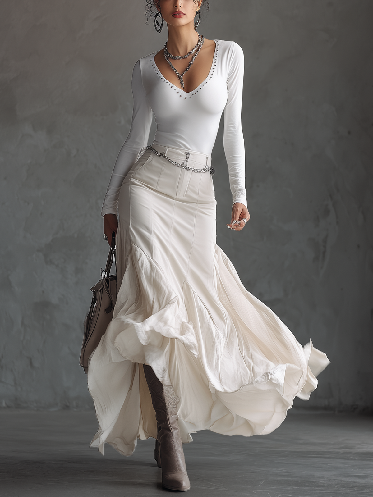 White Stretch Fabric Studded Collar Blended Fabric Skirt Suit