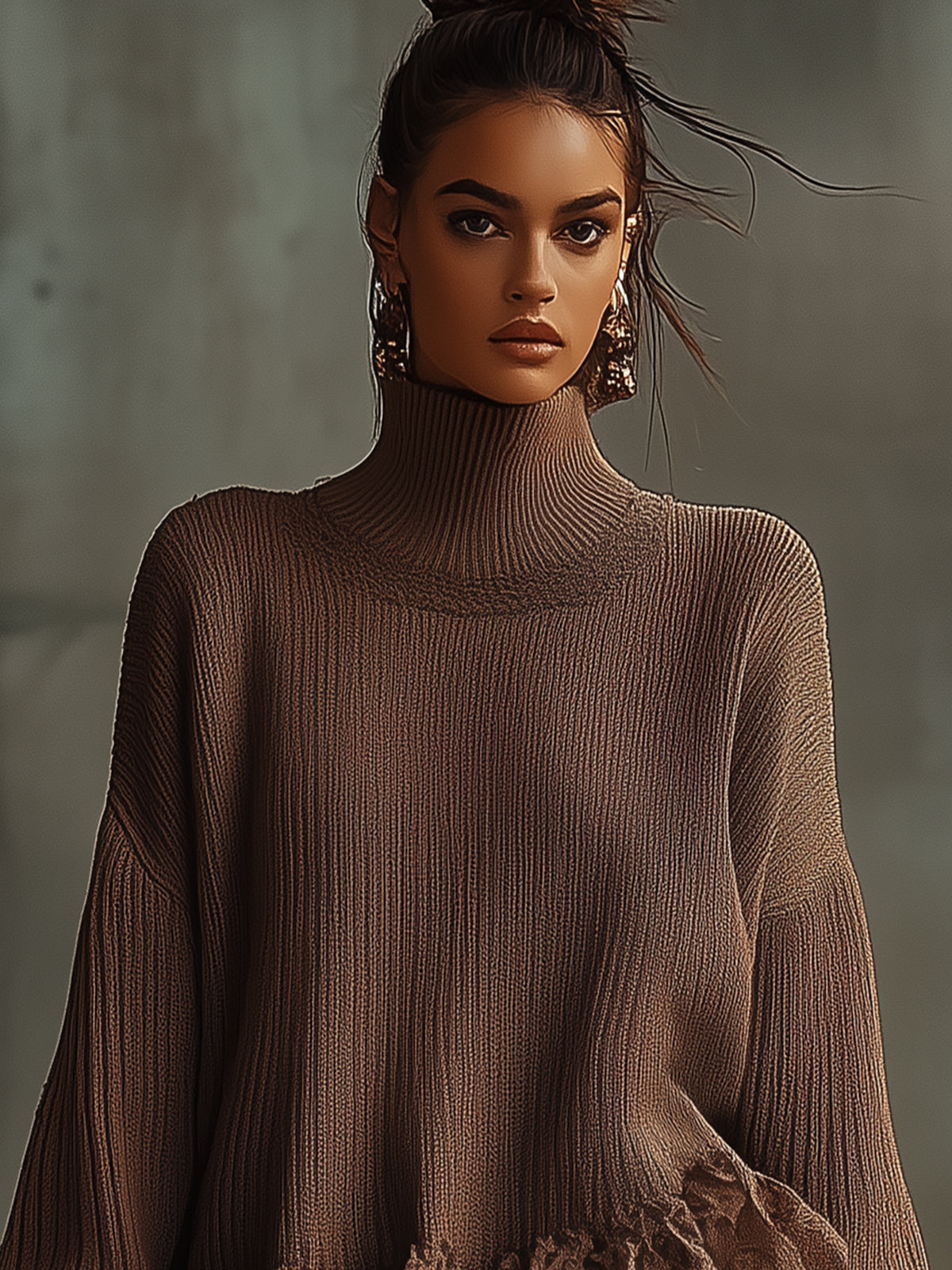 Brown Knitted Lace Ruffle Turtleneck Dress